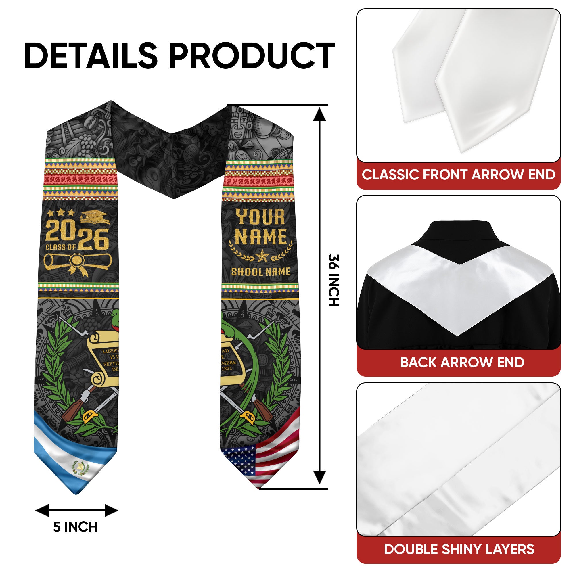 Guatemala Graduation Sash 2026, Guatemalan Flag Graduation Stole, Custom Finish Grads