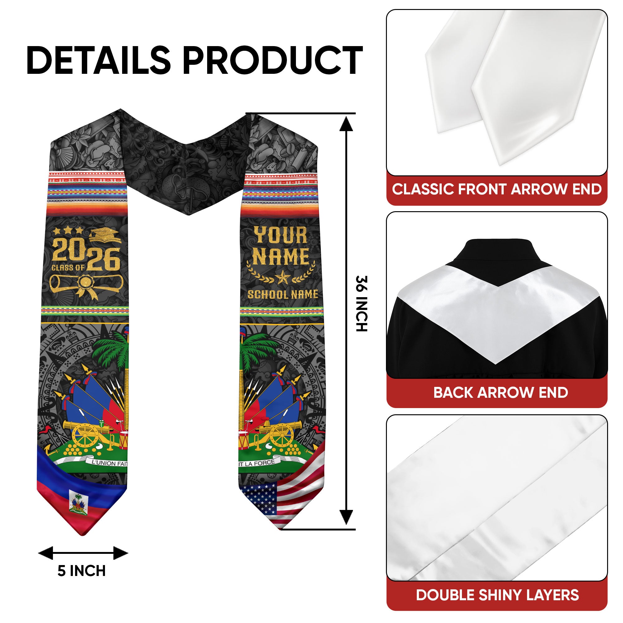 Haiti Flag Graduation Stole 2026, Haitian Grad Sash, Signature Finish for 2026 Grads