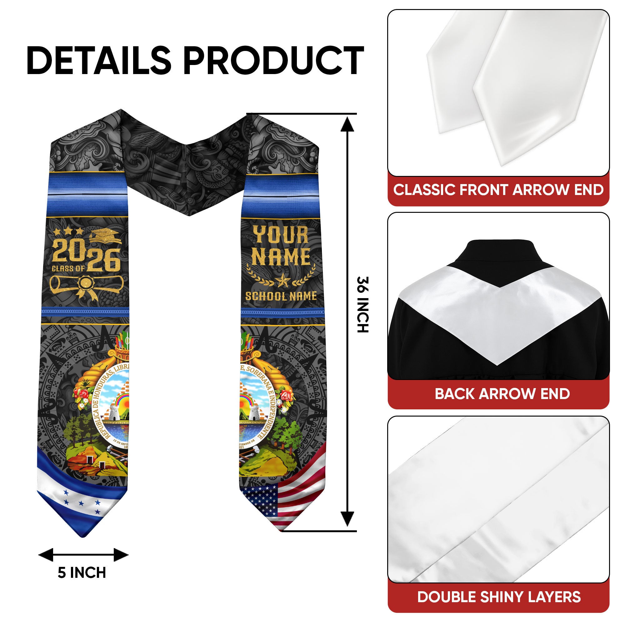 Honduras Flag Graduation Stole 2026, Honduran Grad Sash, Signature Finish for 2026