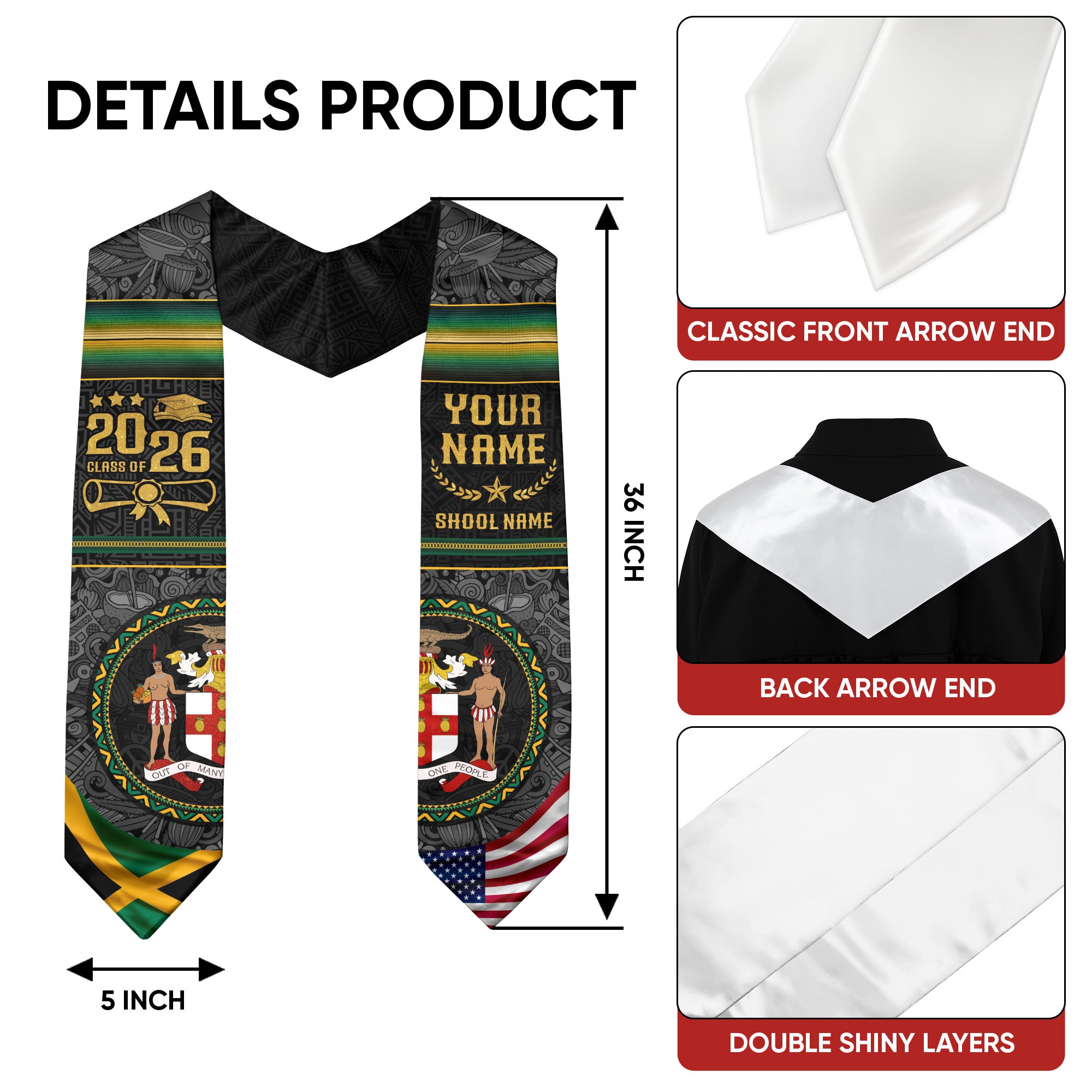 Jamaica Graduation Sash 2026, Jamaican Flag Graduation Stole, Custom Accent for 2026