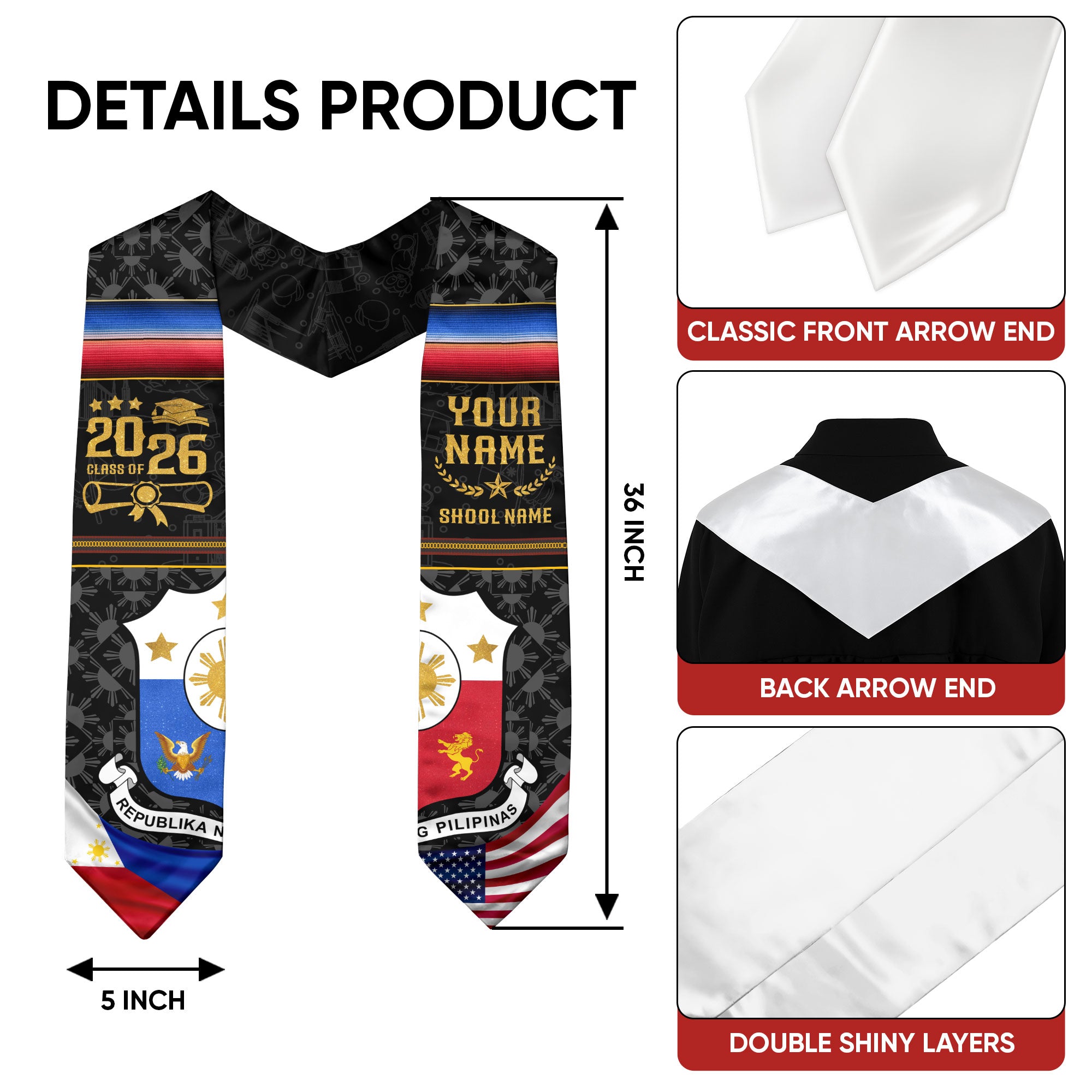 Philippines Flag Graduation Stole 2026, Filipino Grad Sash, Signature Custom Finish 2026