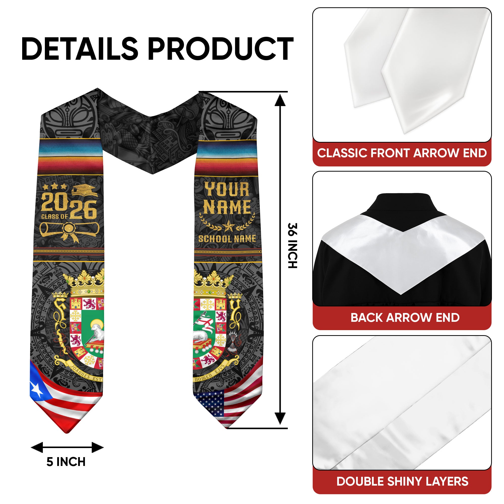 Puerto Rico Flag Graduation Stole 2026, Puerto Rican Grad Sash, Signature Finish for 2026