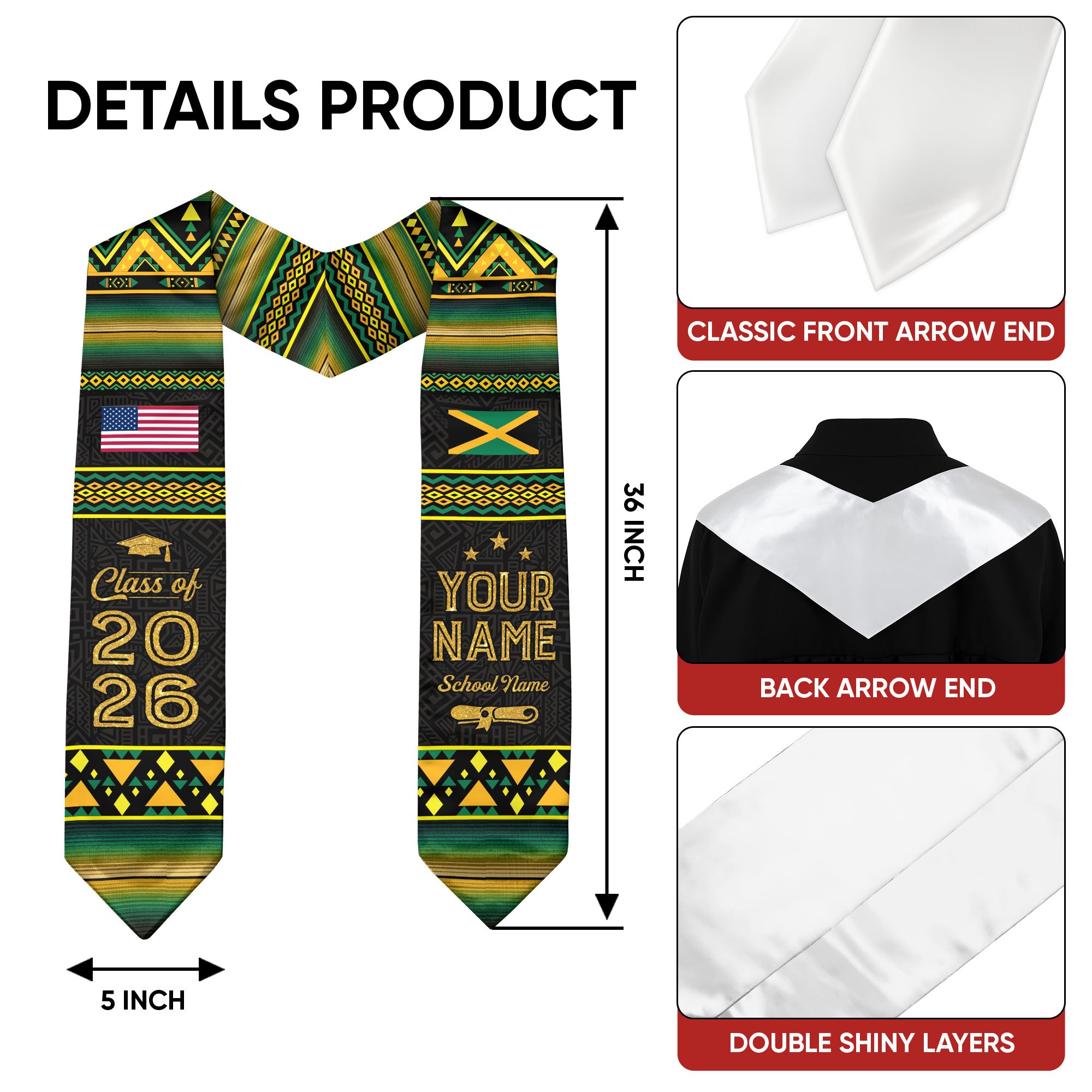 Jamaican Flag Graduation Stole 2026, Jamaica Stole Sash, Custom Finish for Graduates