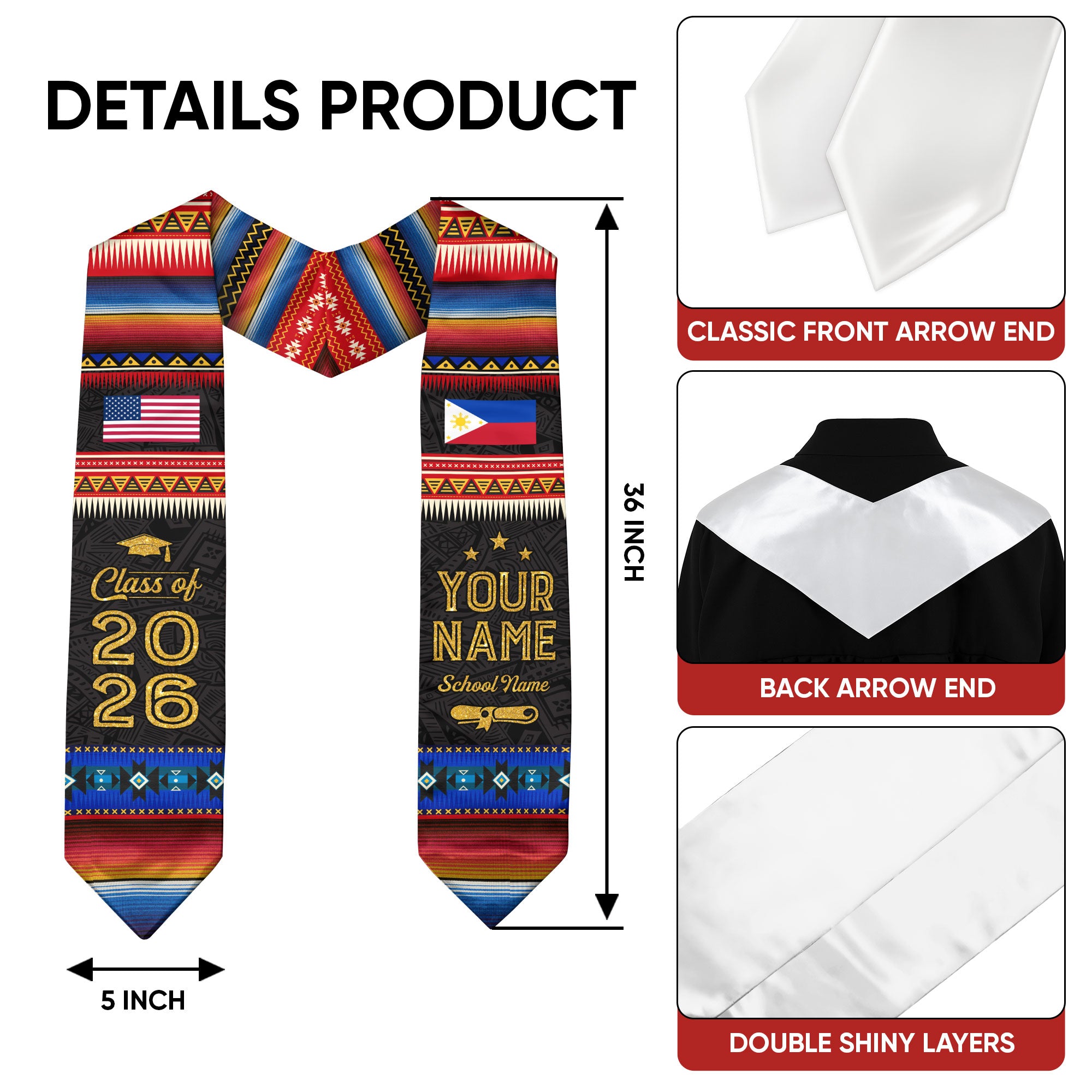 Filipino Graduation Sash 2026, Philippines Flag Graduation Stole, Personalized Detail
