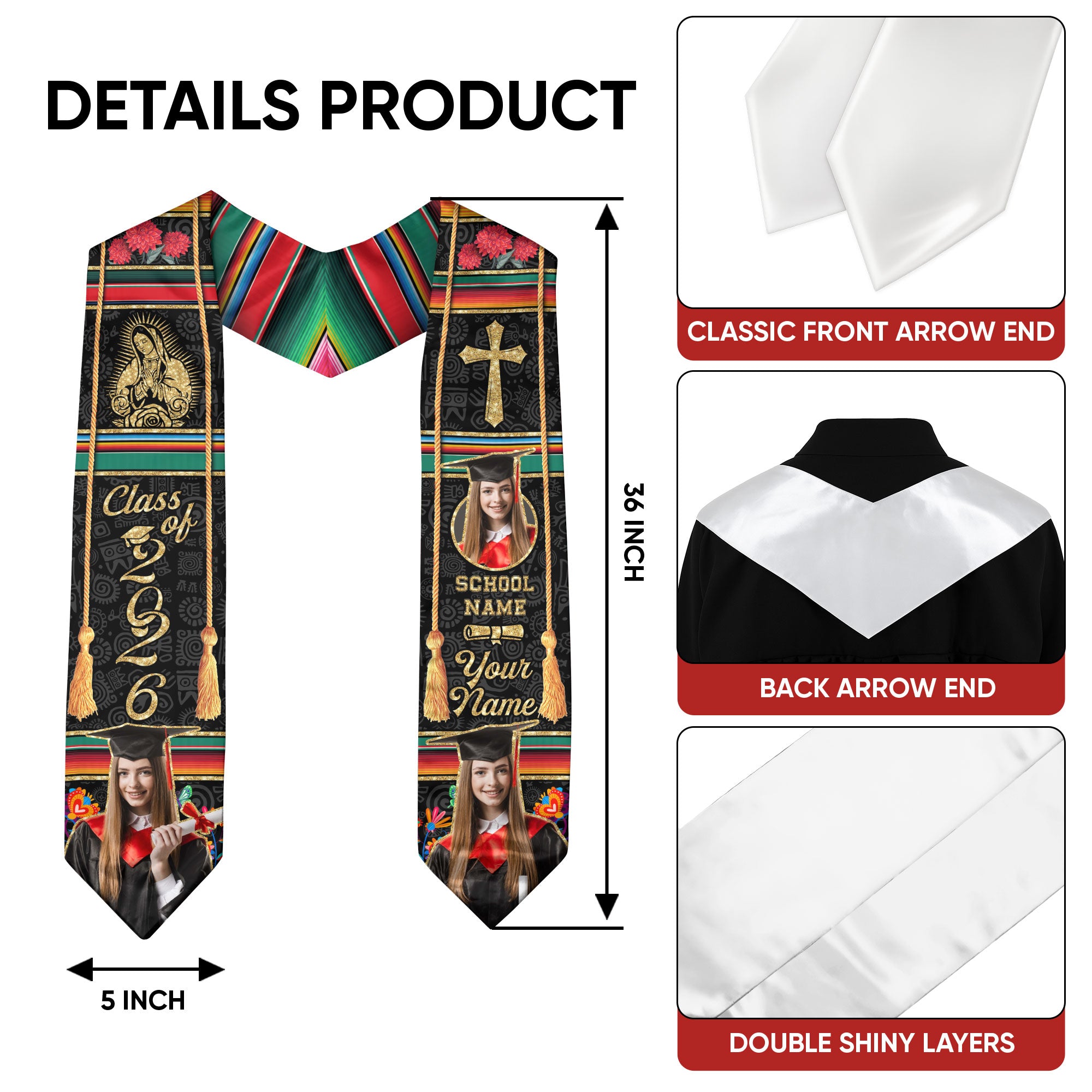 Mexican Graduation Stole 2026, Mexico Flag Sash, Custom Trim Option for Class of 2026