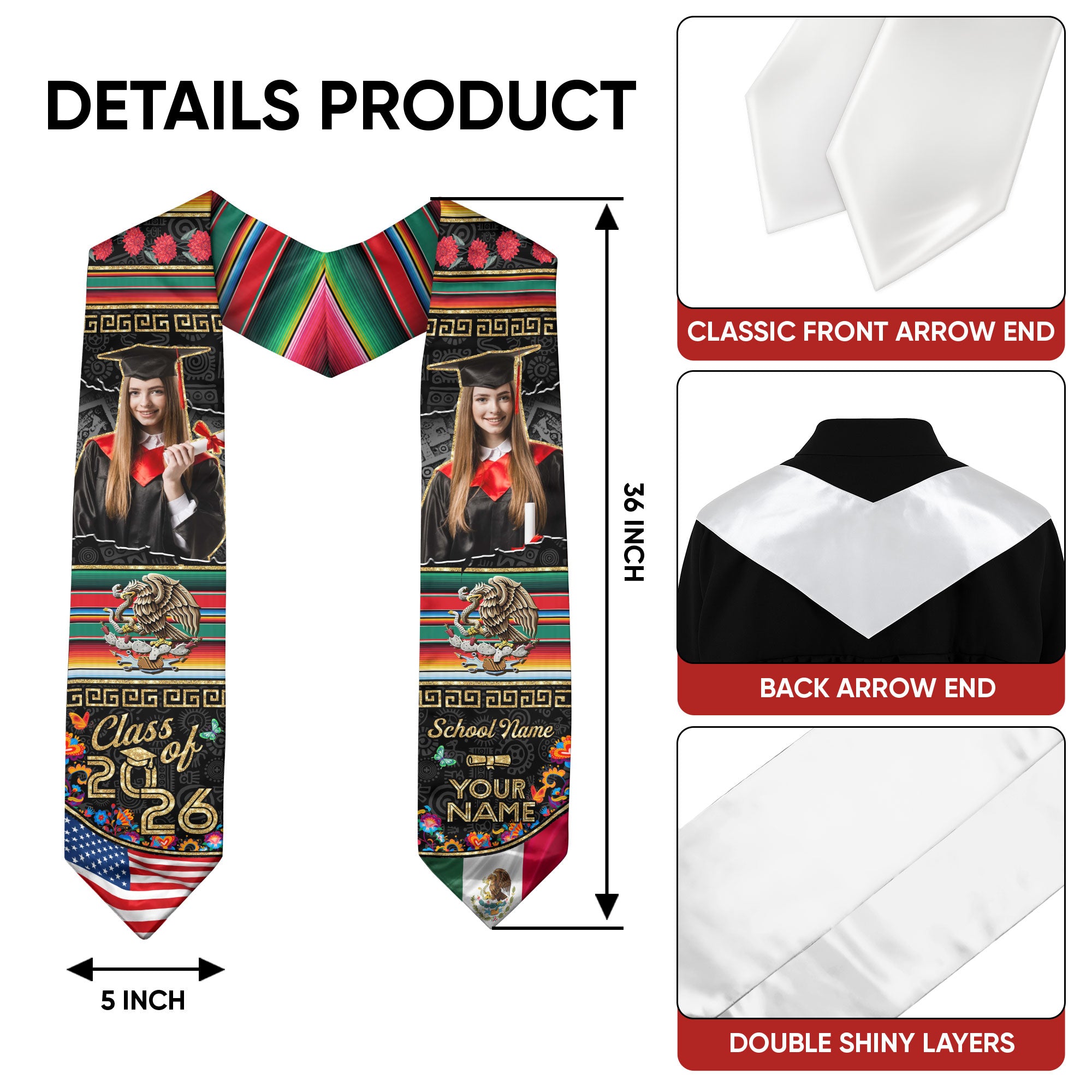 Mexico Flag Graduation Sash 2026, Mexican Grad Stole, Custom Accent Detail for Grads