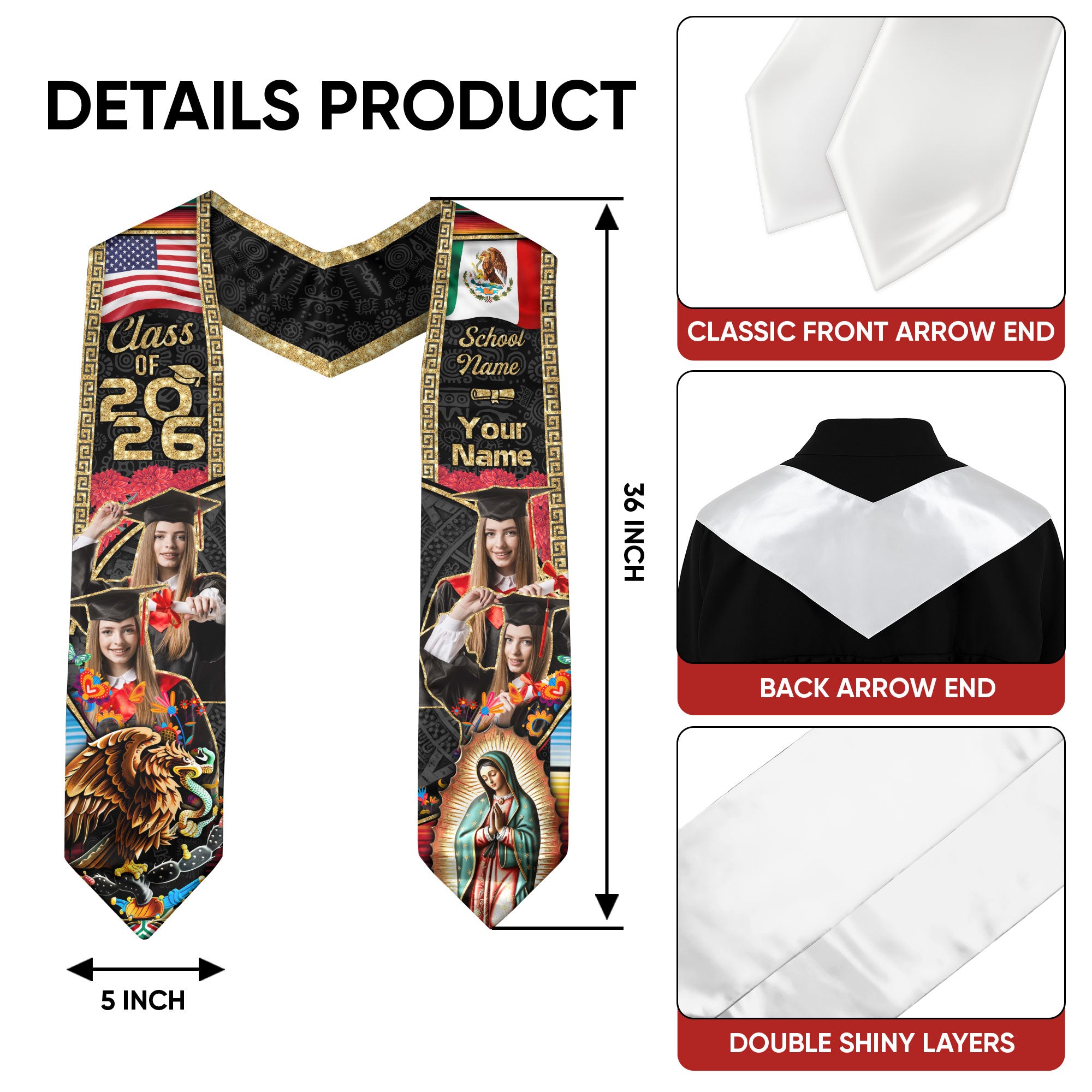 Mexico Graduation Sash 2026, Mexican Flag Graduation Stole, Custom Finish for Graduates