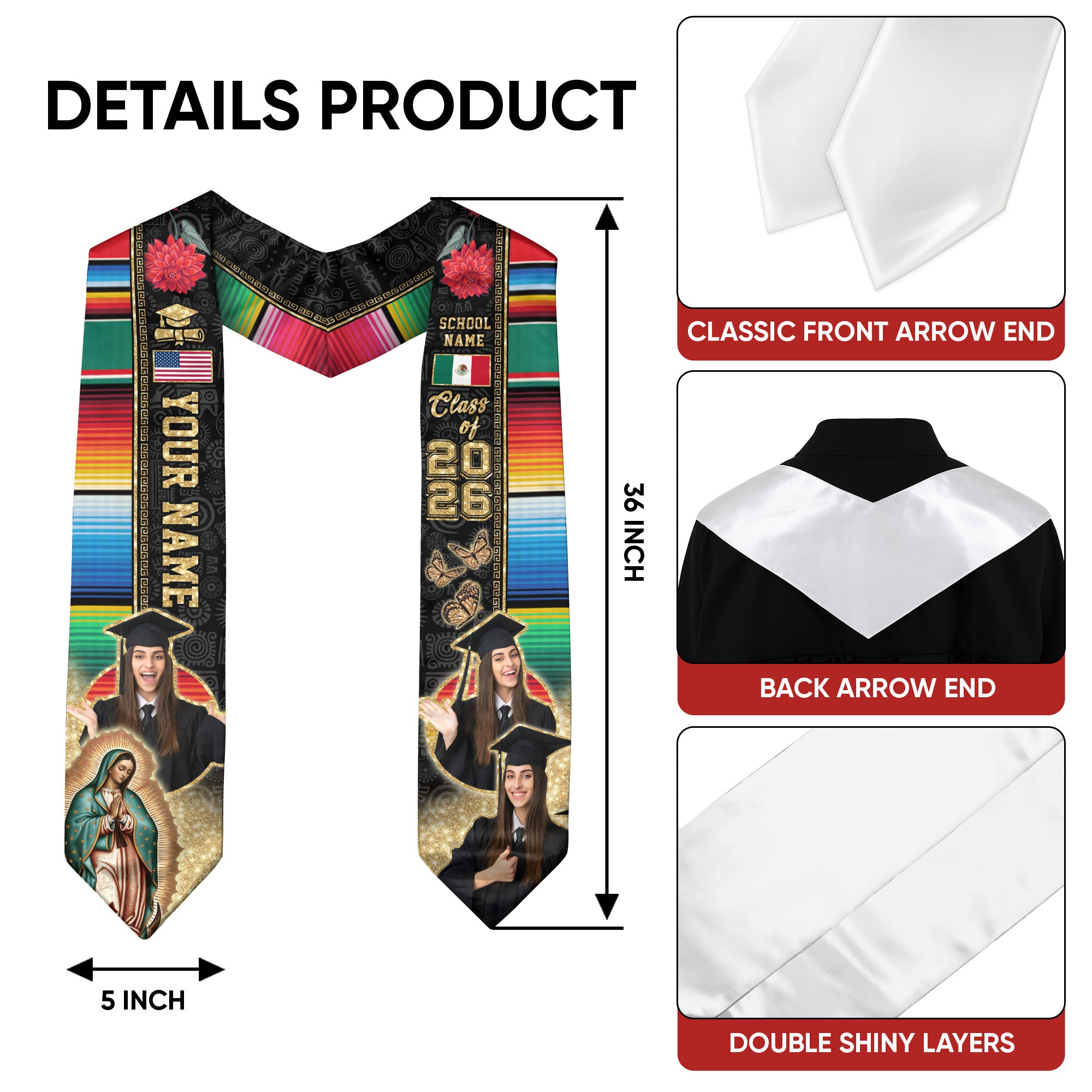 Mexican Flag Graduation Stole 2026, Mexico Stole Sash, Custom Detail Choice for 2026