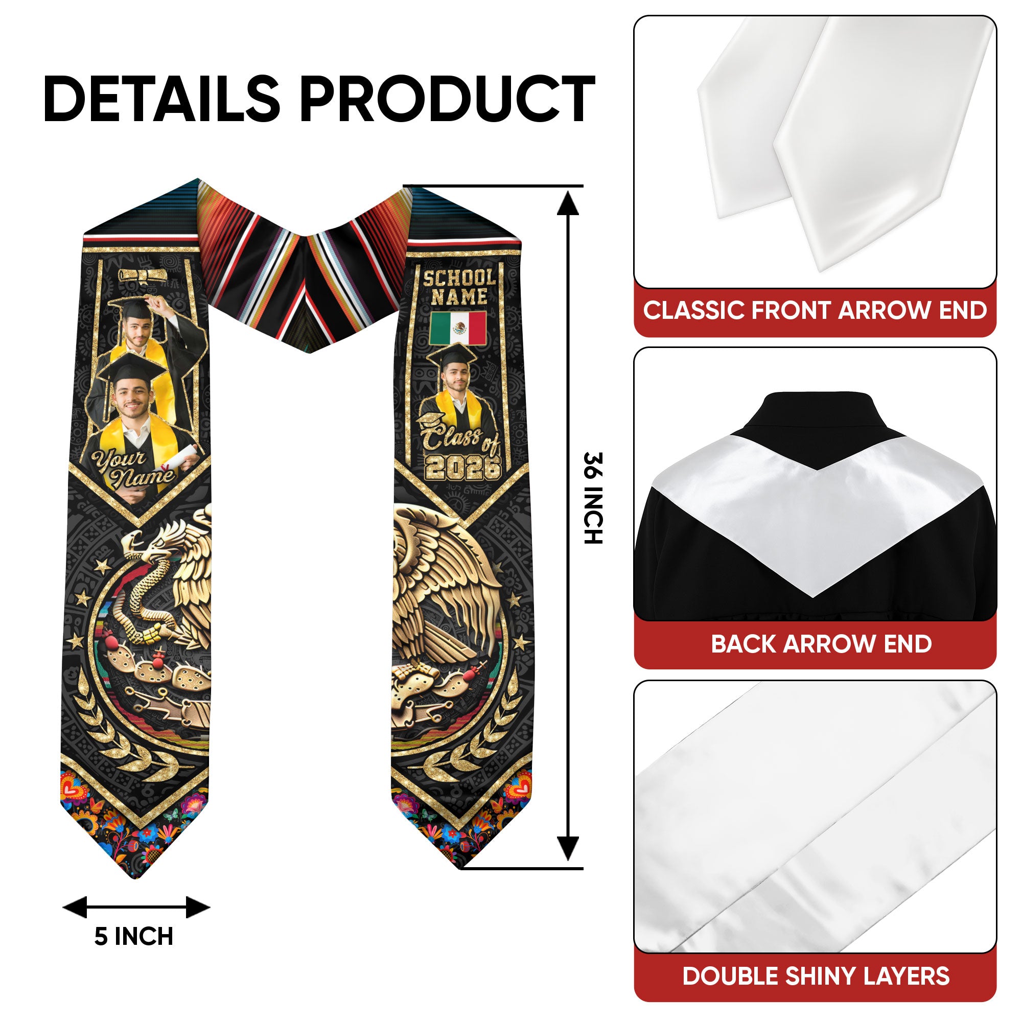 Mexico Graduation Stole 2026, Mexican Flag Sash, Graduation Stole with Custom Accent