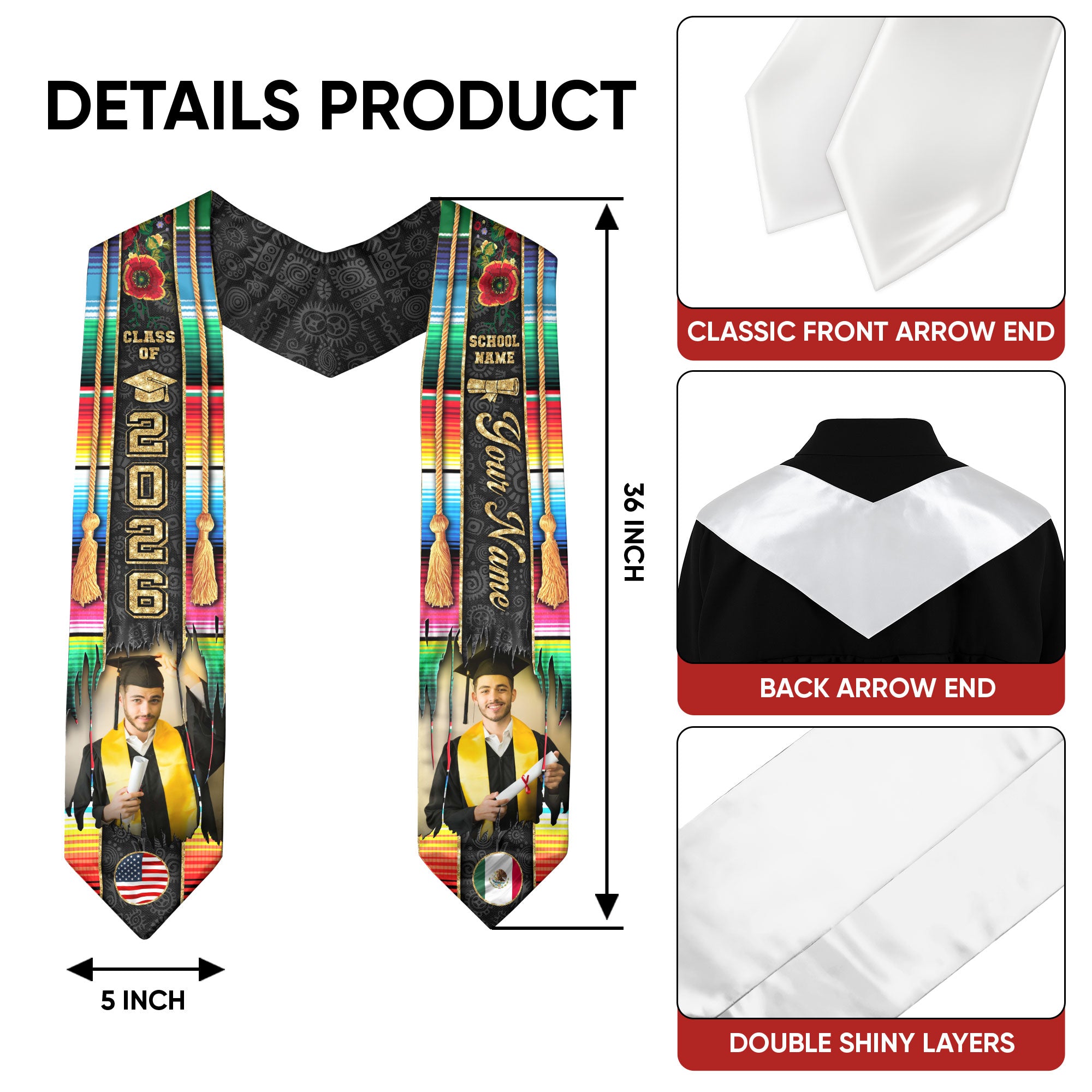Mexican Graduation Sash 2026, Mexico Graduation Stole, Custom Touch Flag Sash for Grads