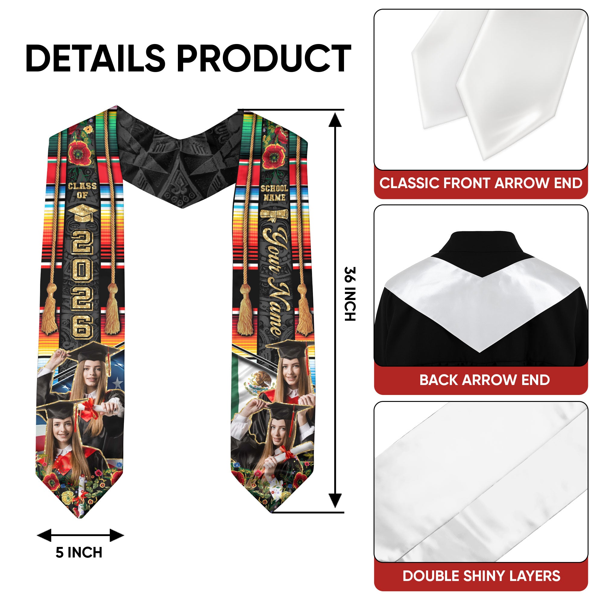 Mexican Flag Graduation Sash 2026, Mexico Graduation Stole, Custom Detail Option 2026