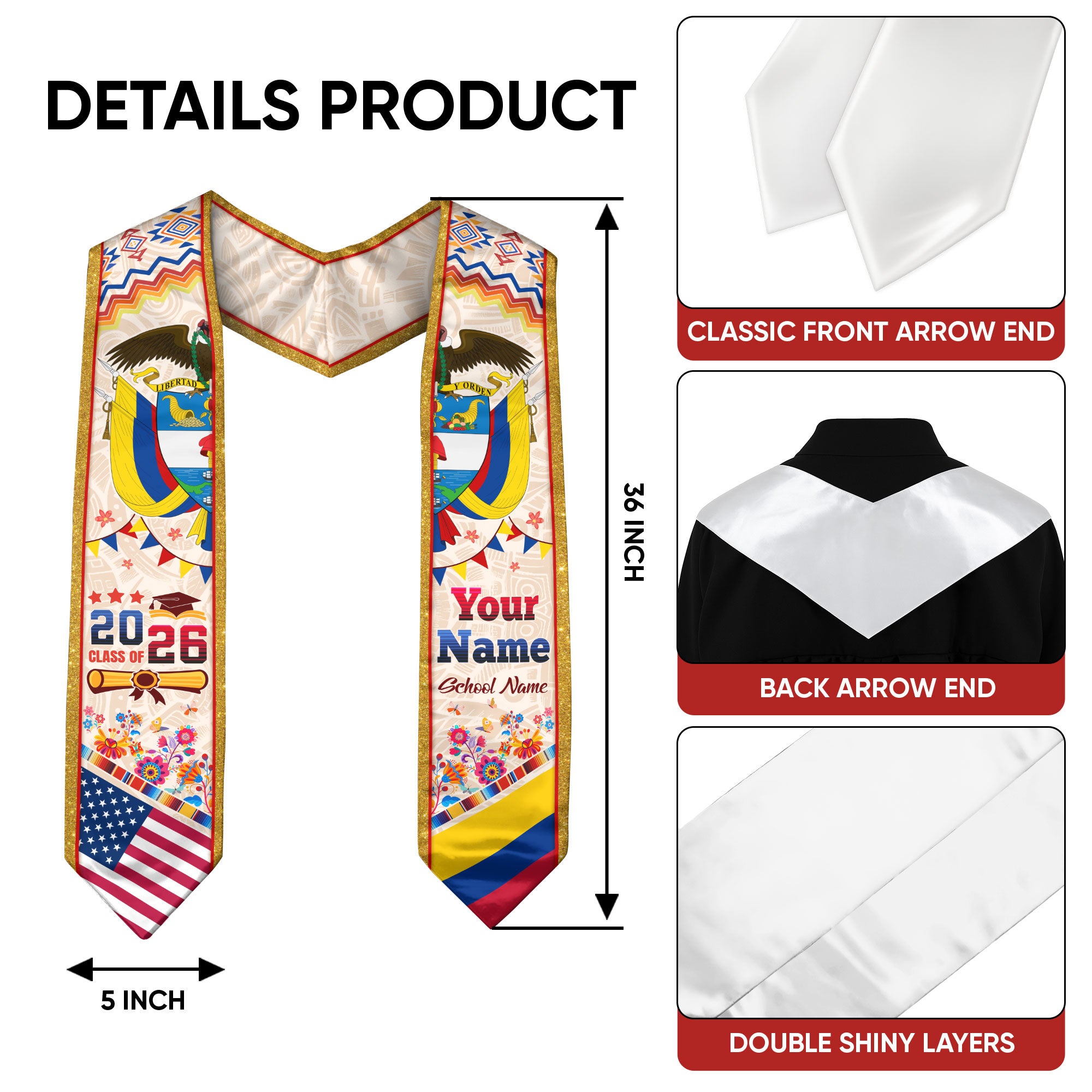 Colombia Graduation Stole 2026, Colombian Flag Sash, Custom Touch Option for Class of 2026