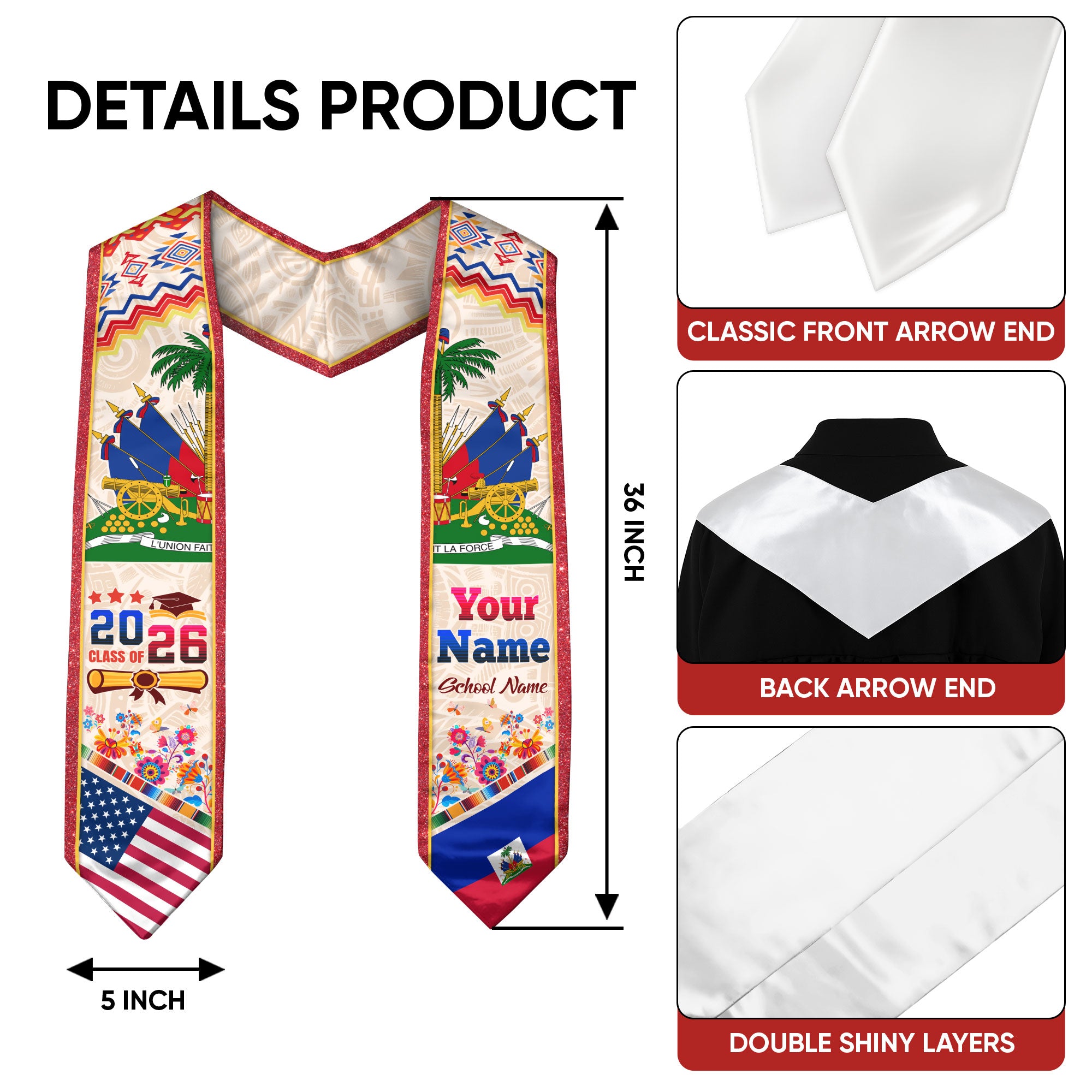 Haiti Graduation Stole 2026, Haitian Flag Sash, Custom Touch Option for Class of 2026
