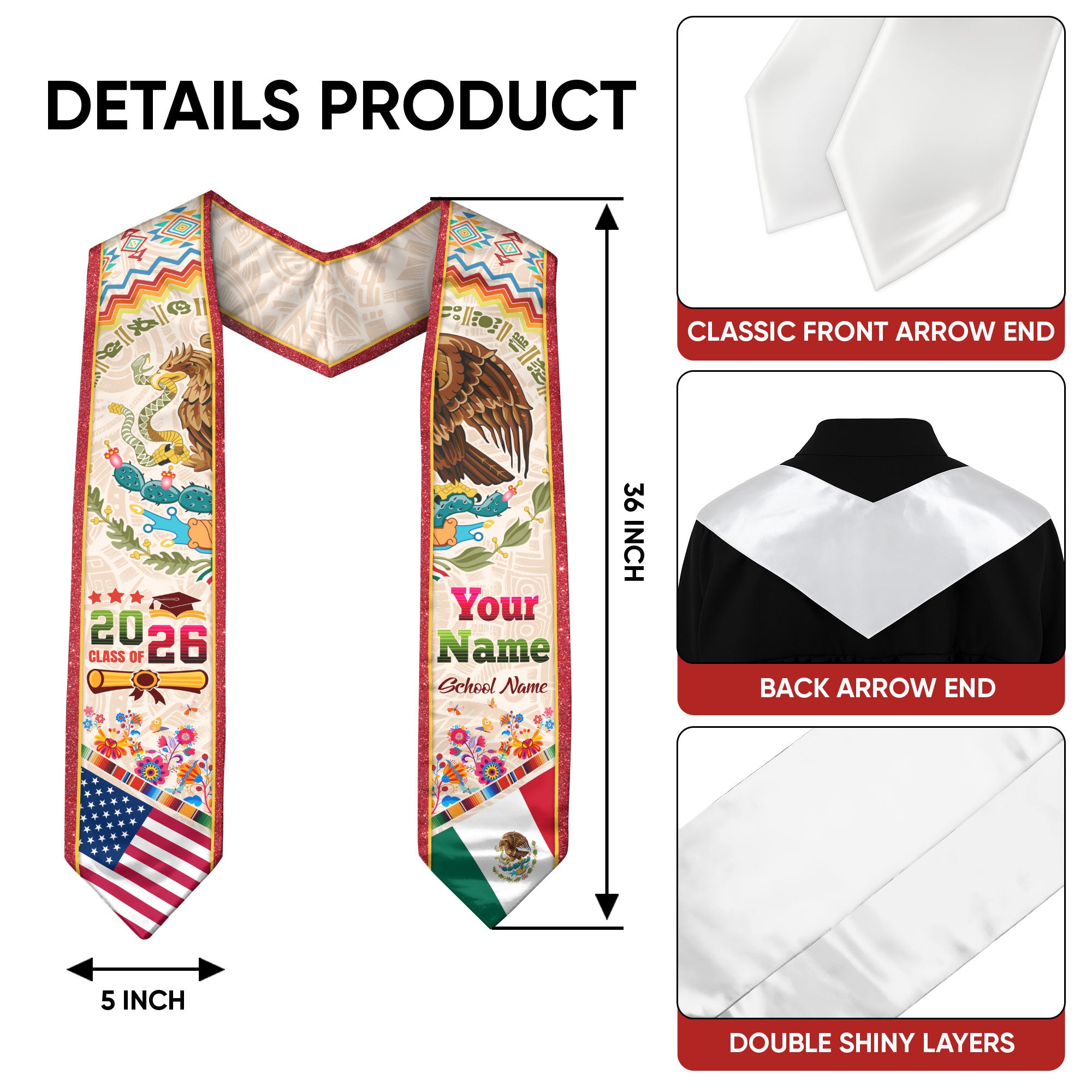 Mexico Graduation Stole 2026, Mexican Flag Sash, Custom Touch Option for Class of 2026