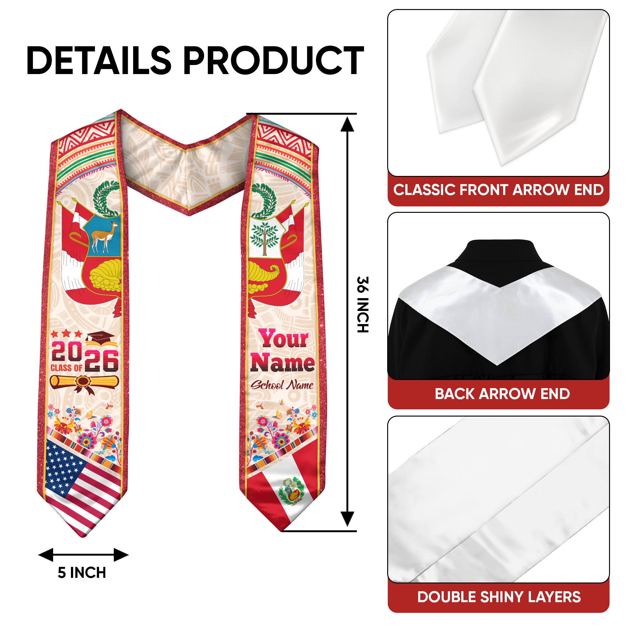 Peru Graduation Stole 2026, Peruvian Flag Sash, Tailored Detail for Class of 2026 Grads