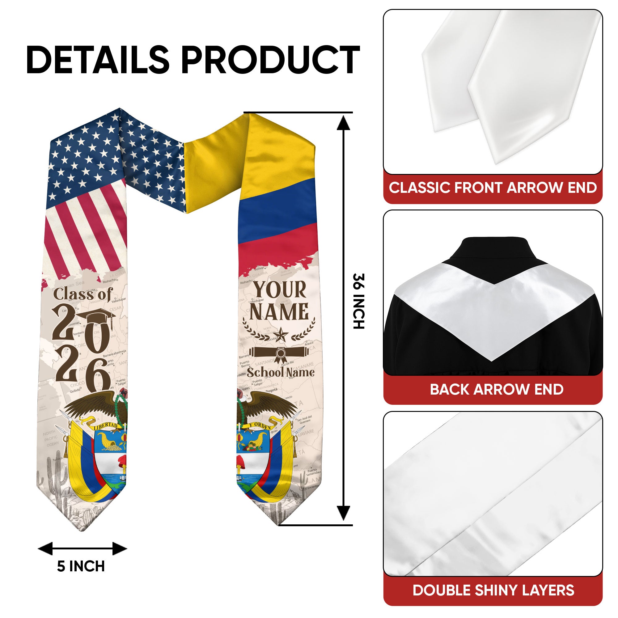 Colombian Flag Graduation Sash 2026, Colombia Graduation Stole, Custom Detail for Grads