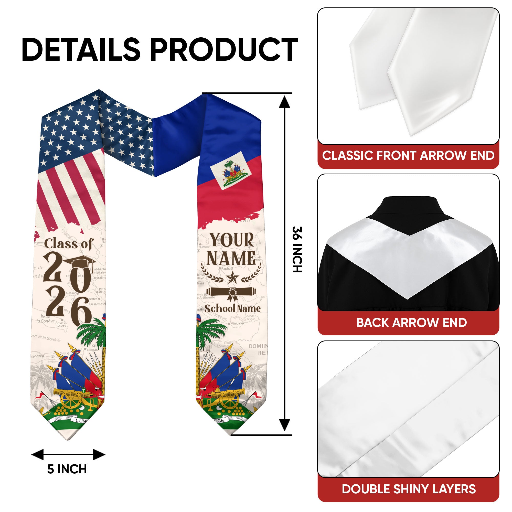 Haitian Flag Graduation Sash 2026, Haiti Graduation Stole, Custom Detail for Grads