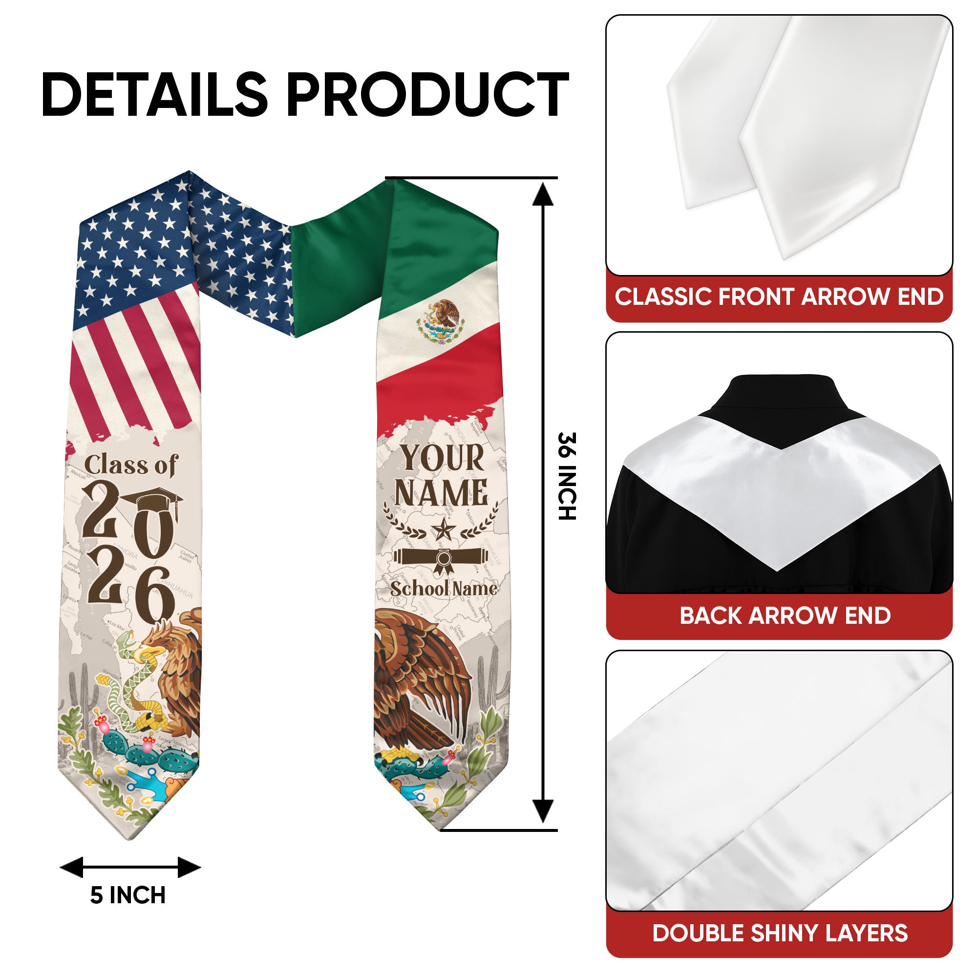 Mexican Flag Graduation Sash 2026, Mexico Graduation Stole, Custom Detail for Graduates