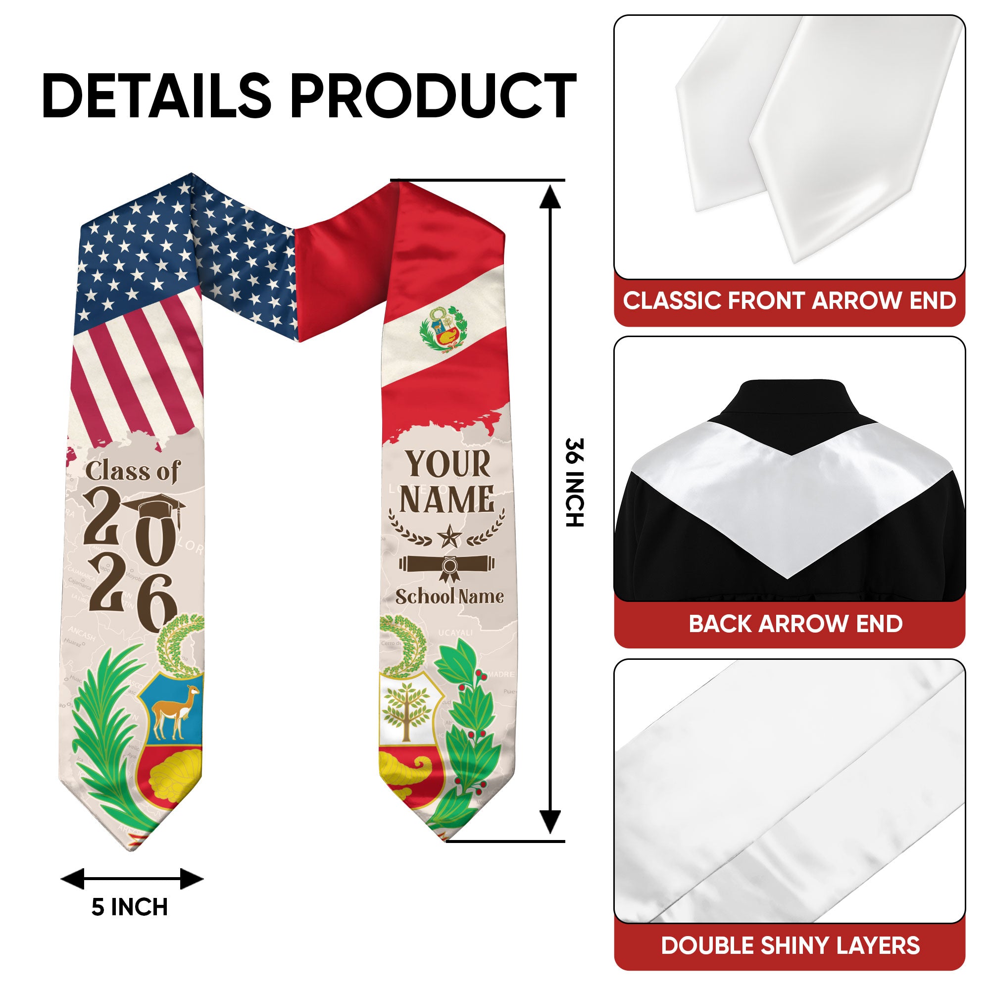 Peruvian Flag Graduation Sash 2026, Peru Graduation Stole, Custom Finish for 2026