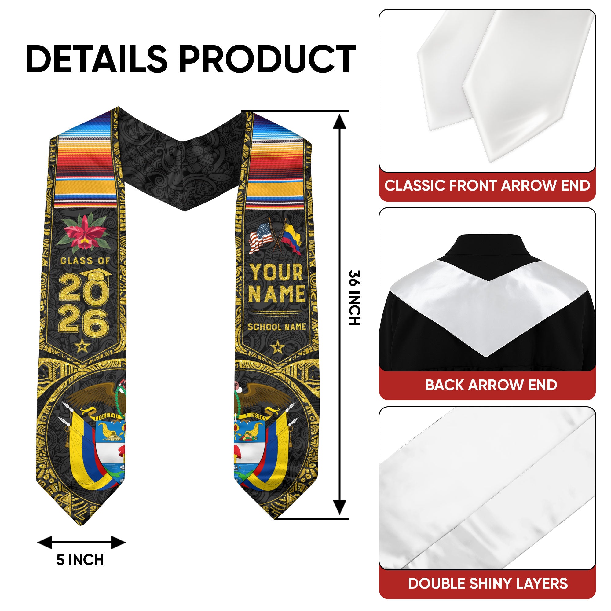 Colombia Graduation Sash 2026, Colombian Flag Graduation Stole, Custom Accent for 2026