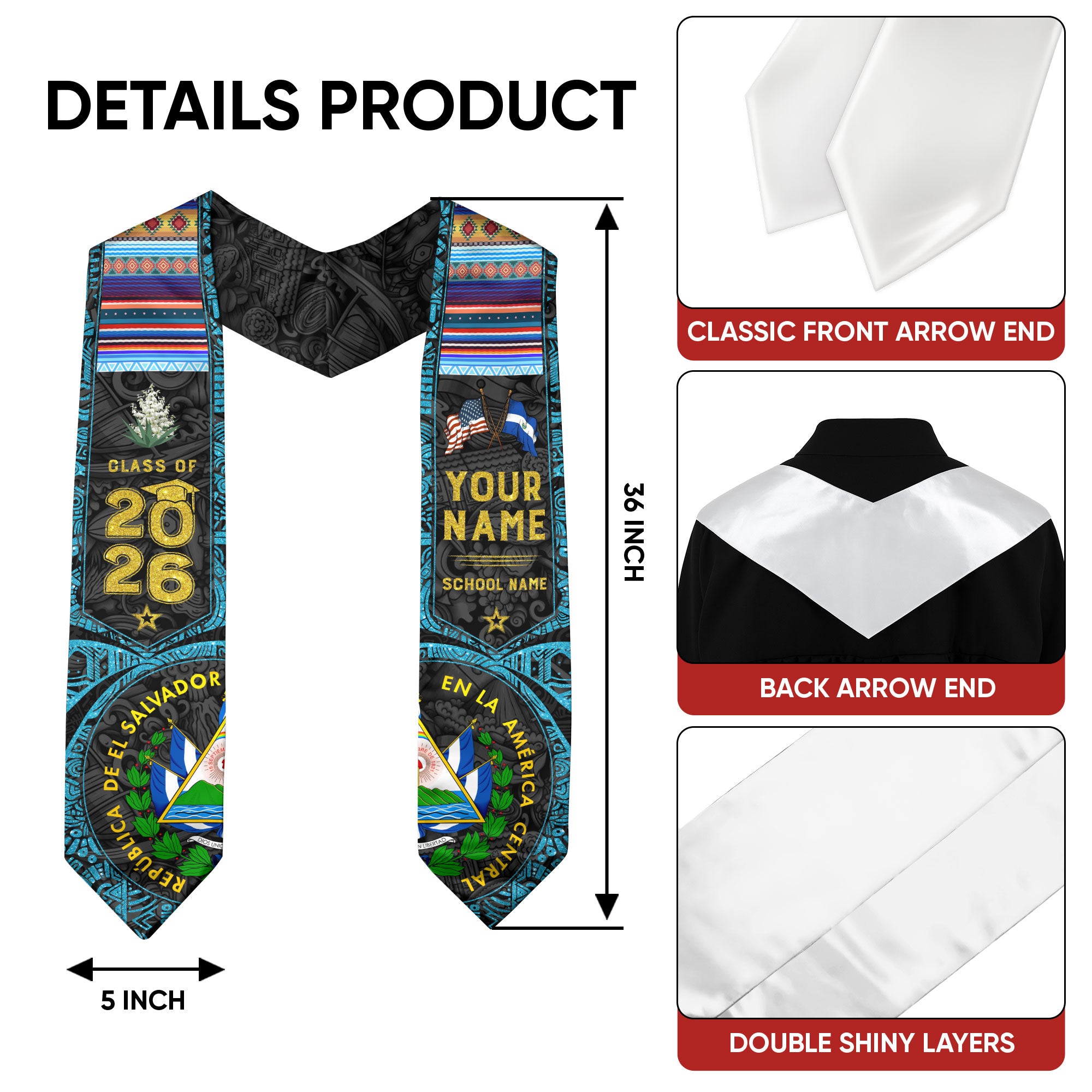 El Salvador Graduation Sash 2026, Salvadoran Flag Graduation Stole, Personalized Detail