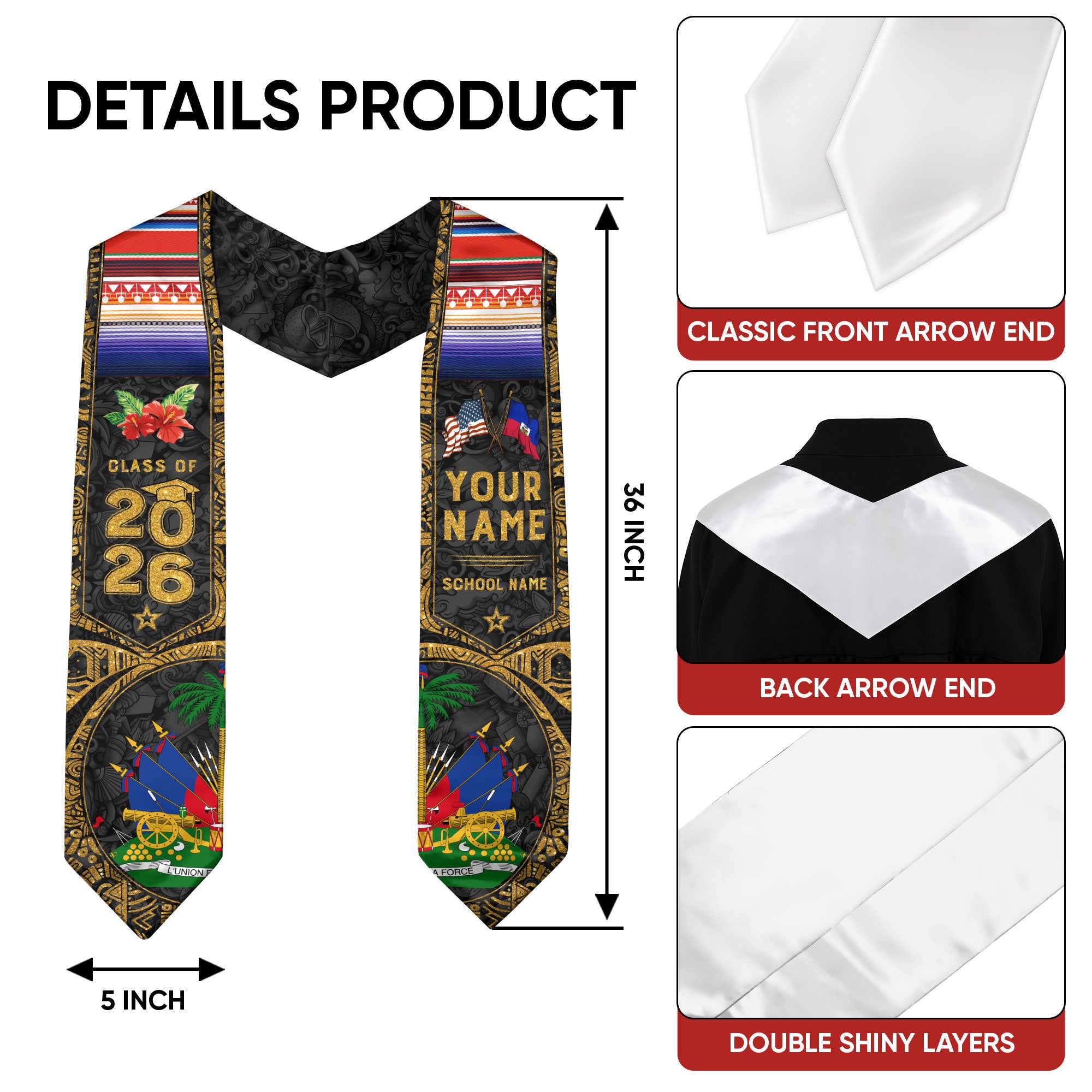 Haiti Graduation Sash 2026, Haitian Flag Graduation Stole, Custom Accent for 2026