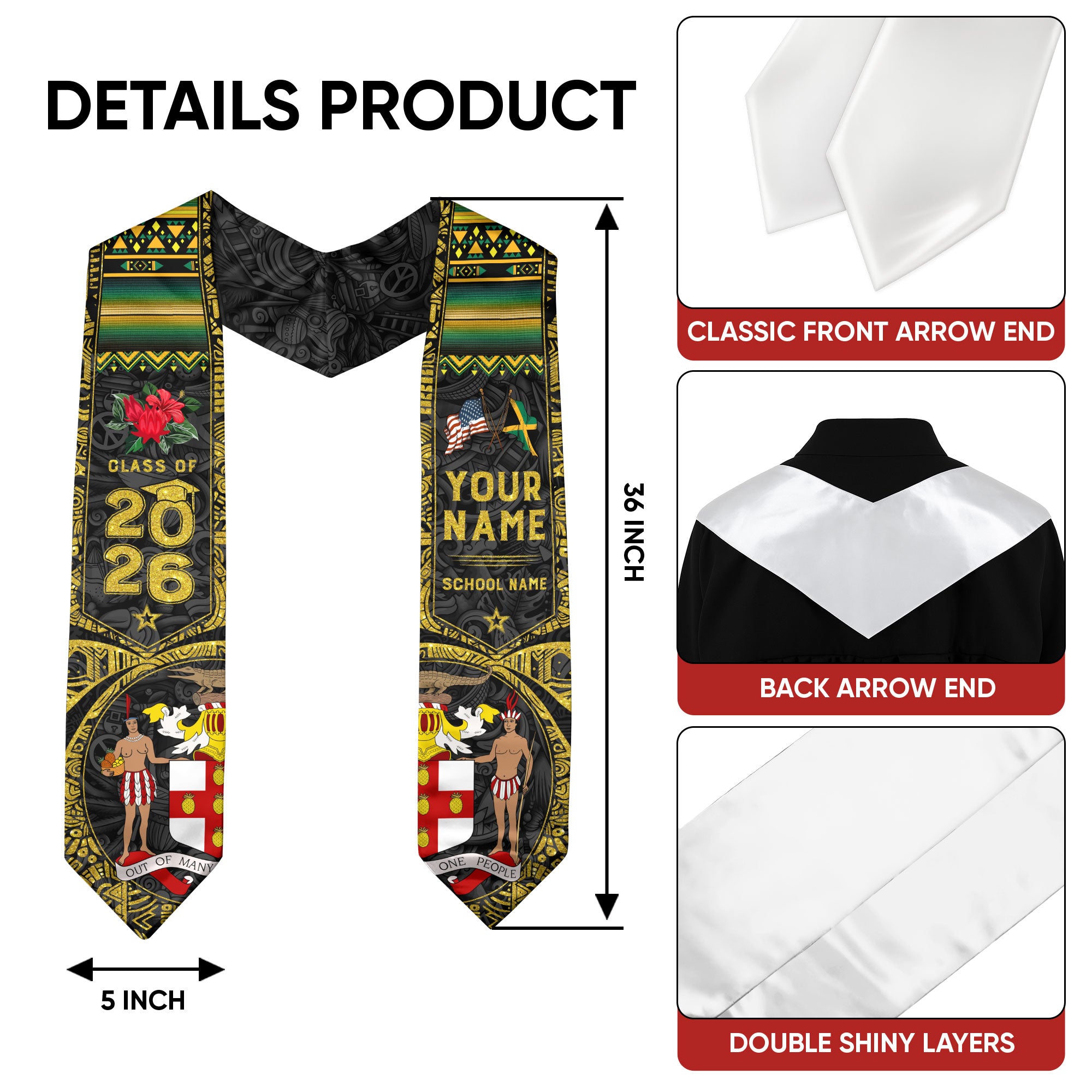 Jamaica Graduation Stole 2026, Jamaican Flag Sash, Personalized Gift for Graduates