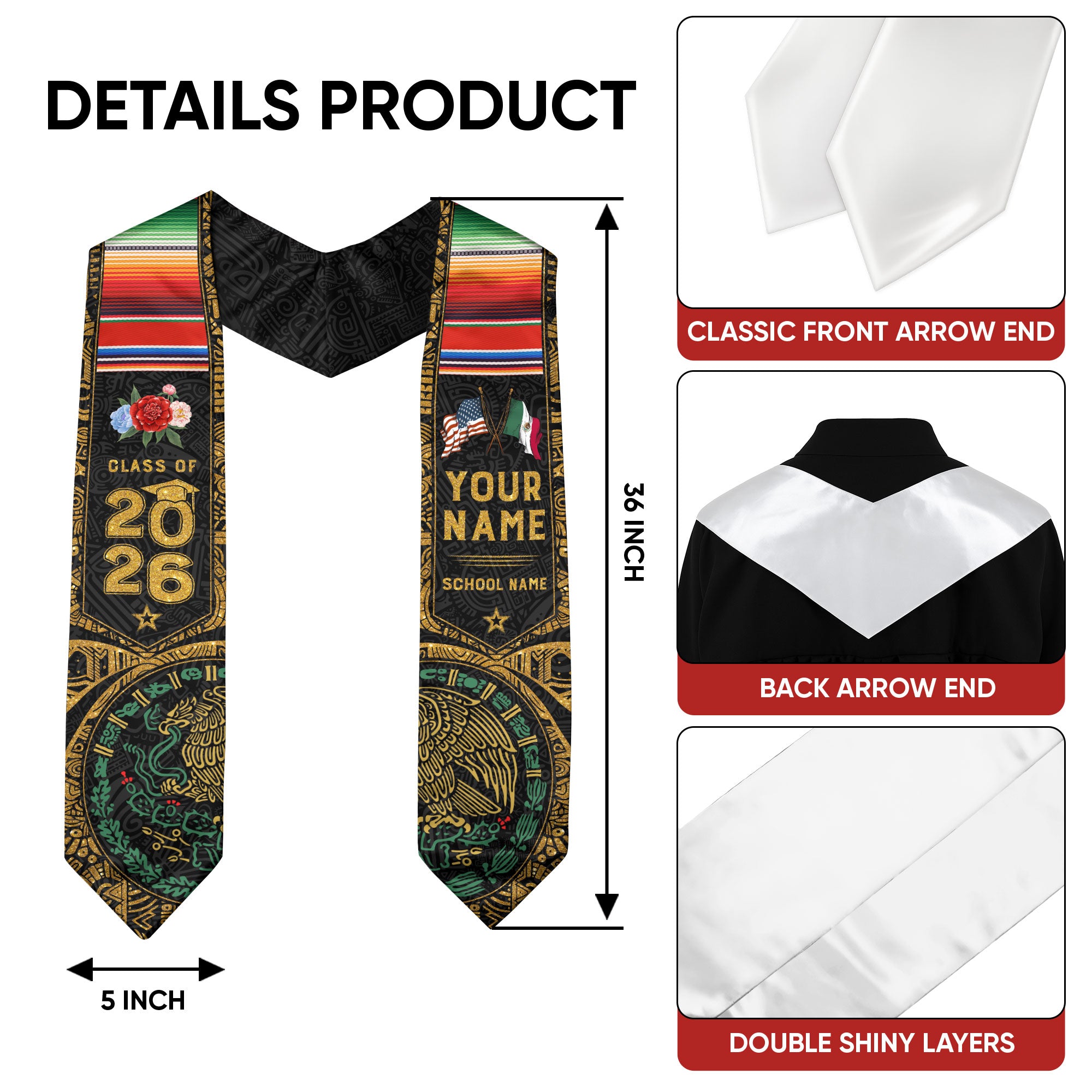 Mexico Graduation Sash 2026, Mexican Flag Graduation Stole, Custom Accent for 2026 Grads