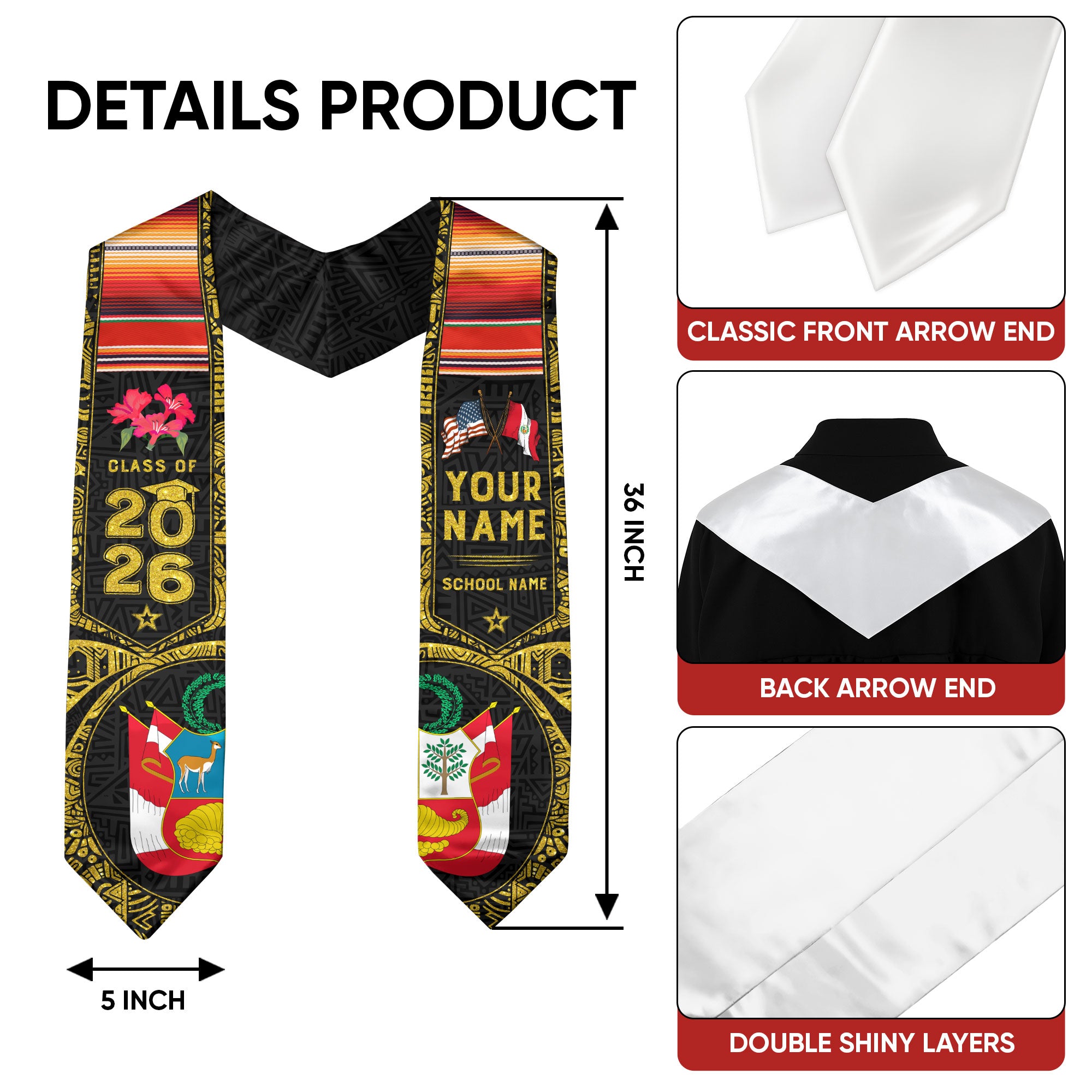 Class of 2026 Peru Graduation Sash, Peruvian Flag Stole, Custom-Ready Graduation Style