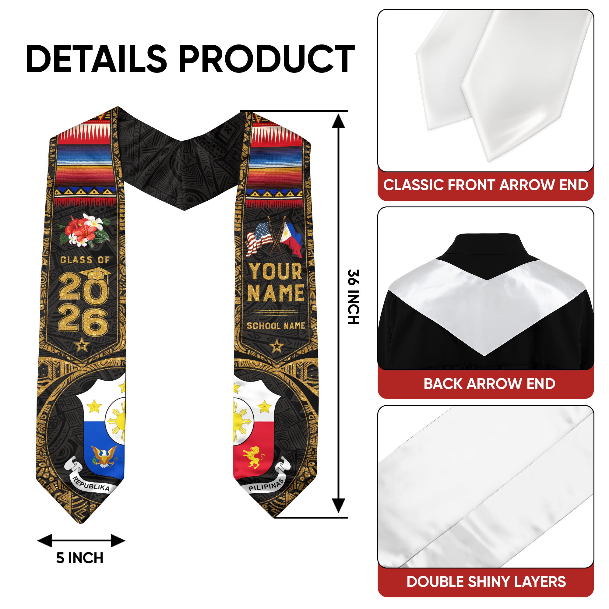 Philippines Graduation Stole 2026, Filipino Flag Sash, Tailored Detail for Class of 2026
