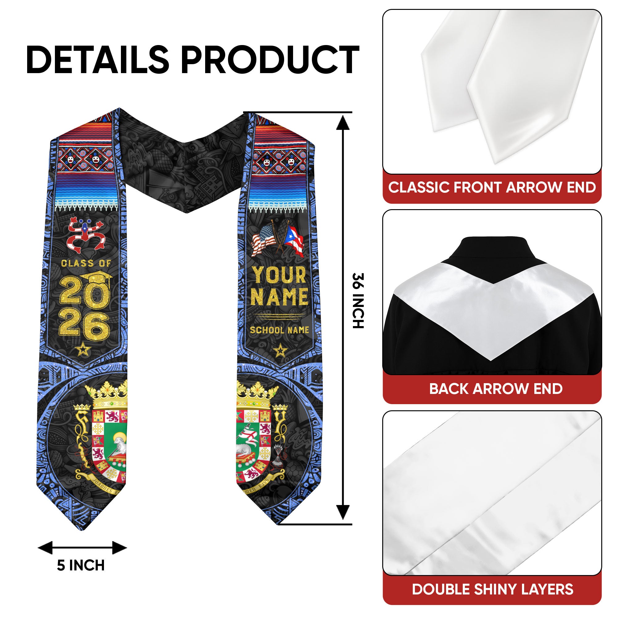 Puerto Rican Graduation Sash 2026, Puerto Rico Flag Graduation Stole, Personalized Detail