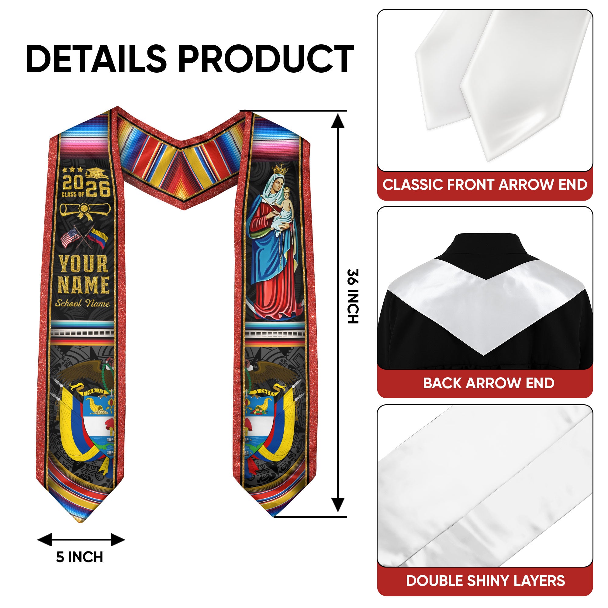 Colombian Flag Graduation Stole 2026, Colombia Stole Sash, Custom Finish for Graduates