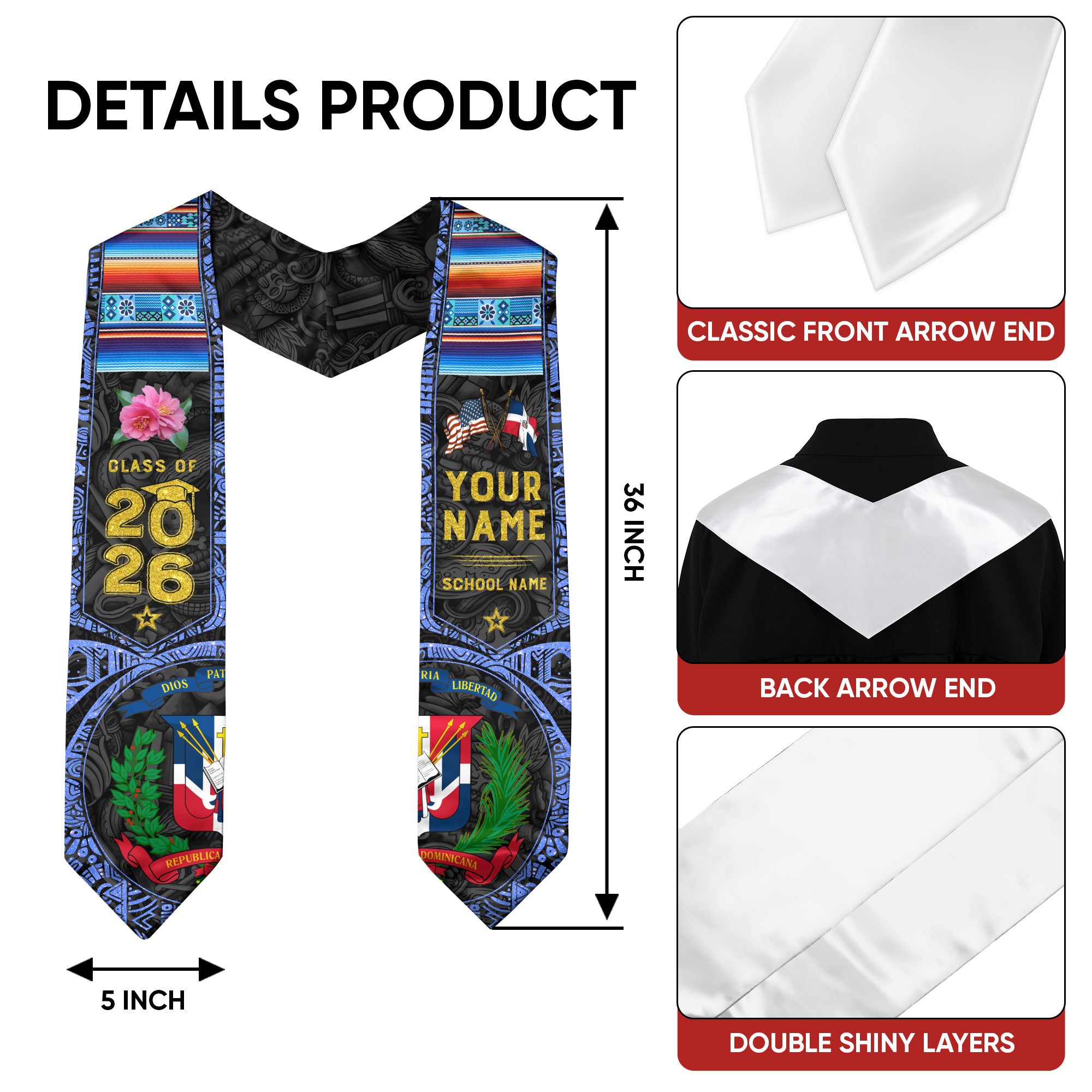 Dominican Graduation Sash 2026, Dominican Flag Graduation Stole, Personalized Detail
