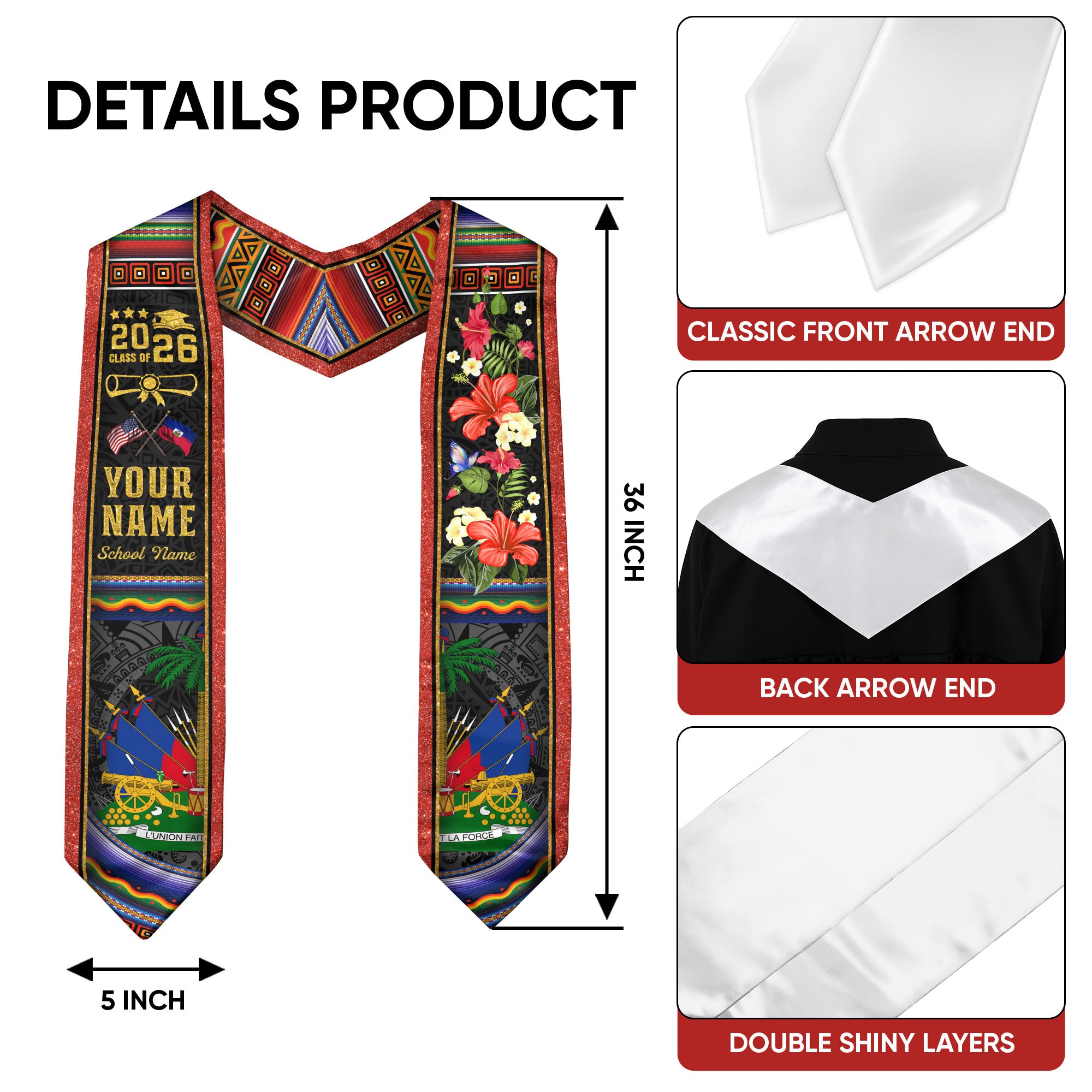 Haitian Flag Graduation Stole 2026, Haiti Stole Sash, Custom Finish for Graduates
