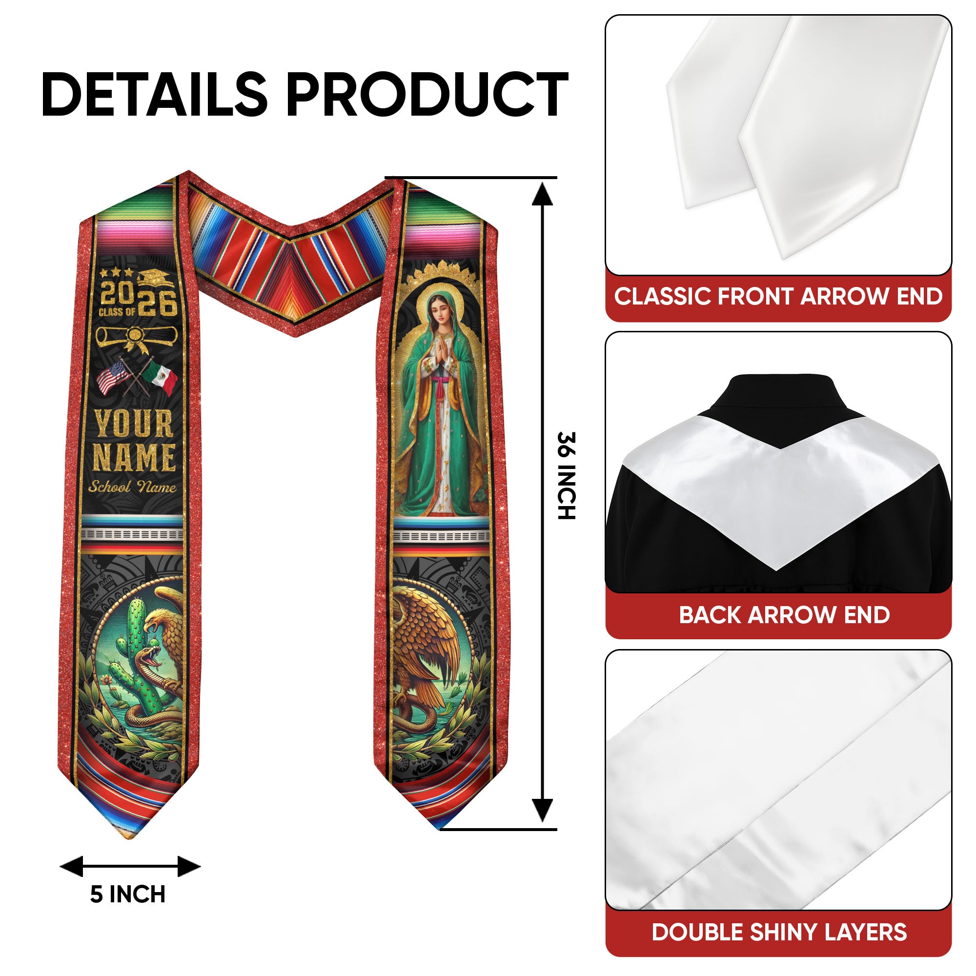 Mexican Flag Graduation Stole 2026, Mexico Stole Sash, Custom Finish for Graduates 2026