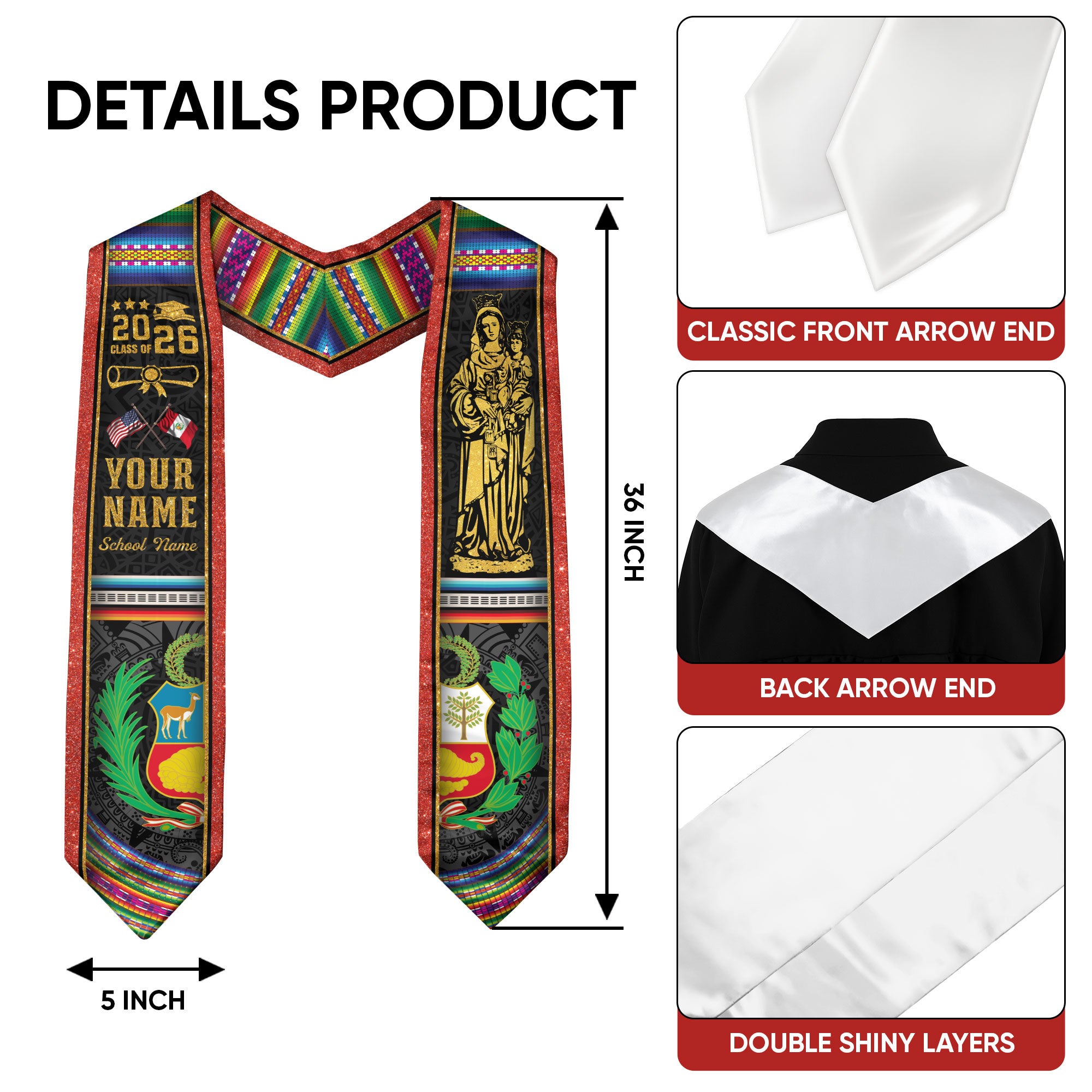 Peruvian Graduation Stole 2026, Peru Flag Sash, Graduation Stole with Custom Details