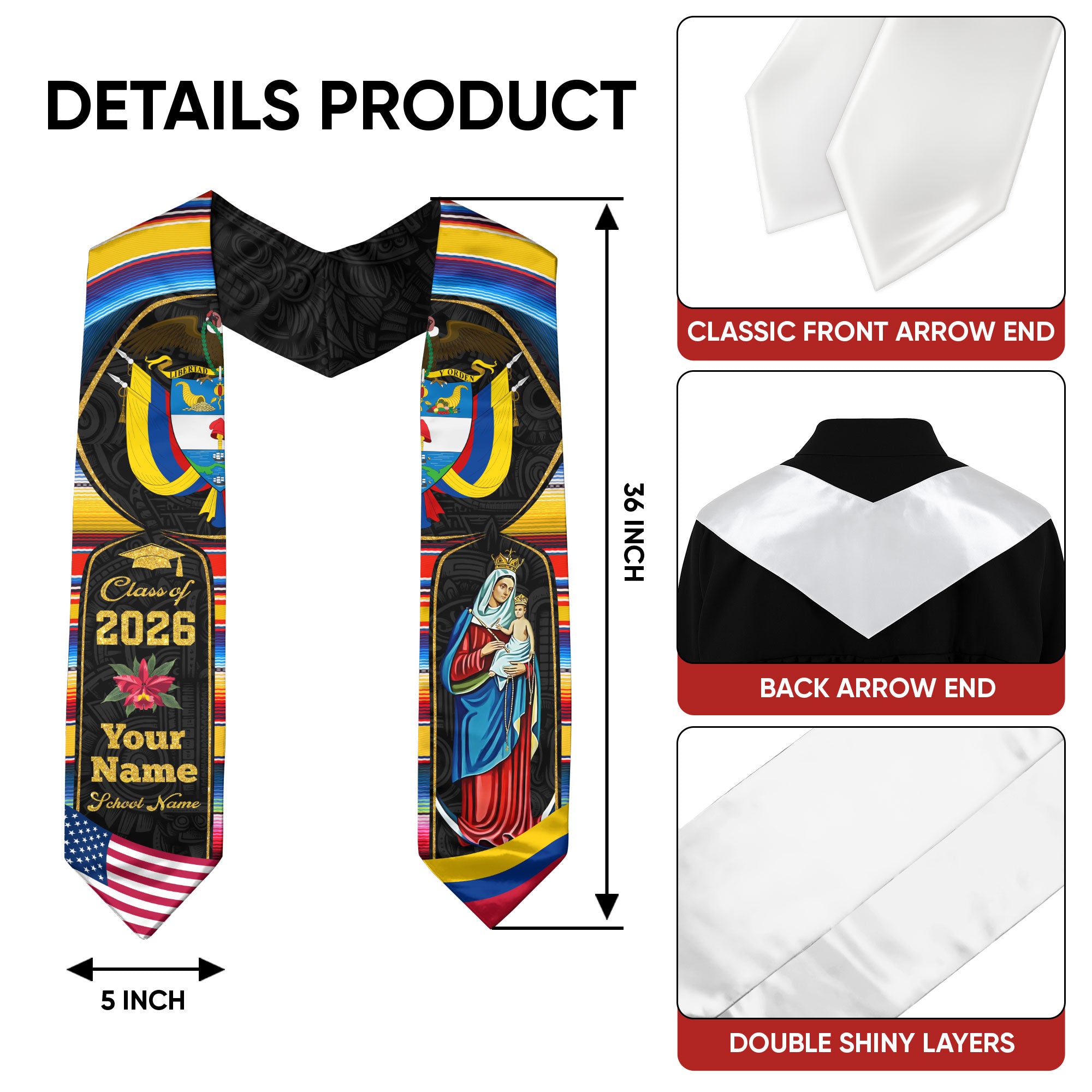 Colombian Graduation Stole 2026, Colombia Flag Sash, Custom Detail Choice for Class of 2026