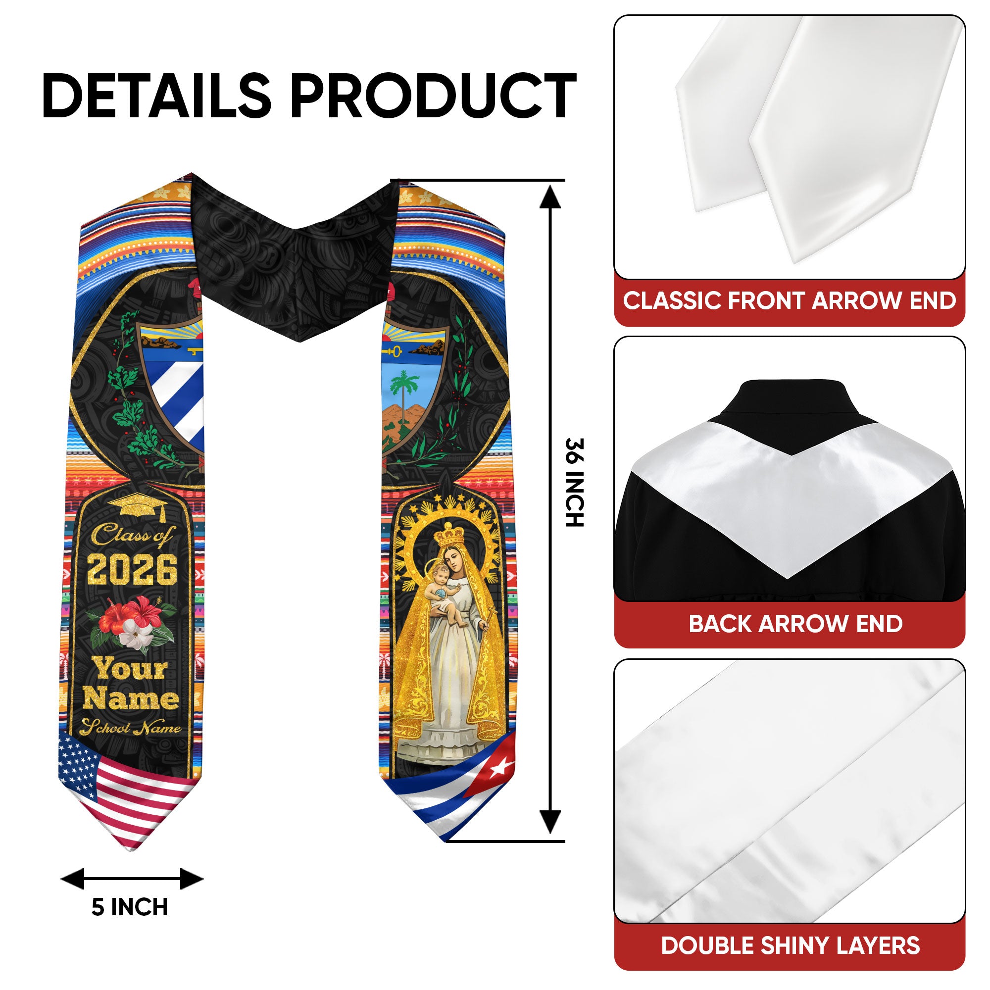 Cuba Graduation Stole 2026, Cuban Flag Sash, Custom-Ready Style for Class of 2026