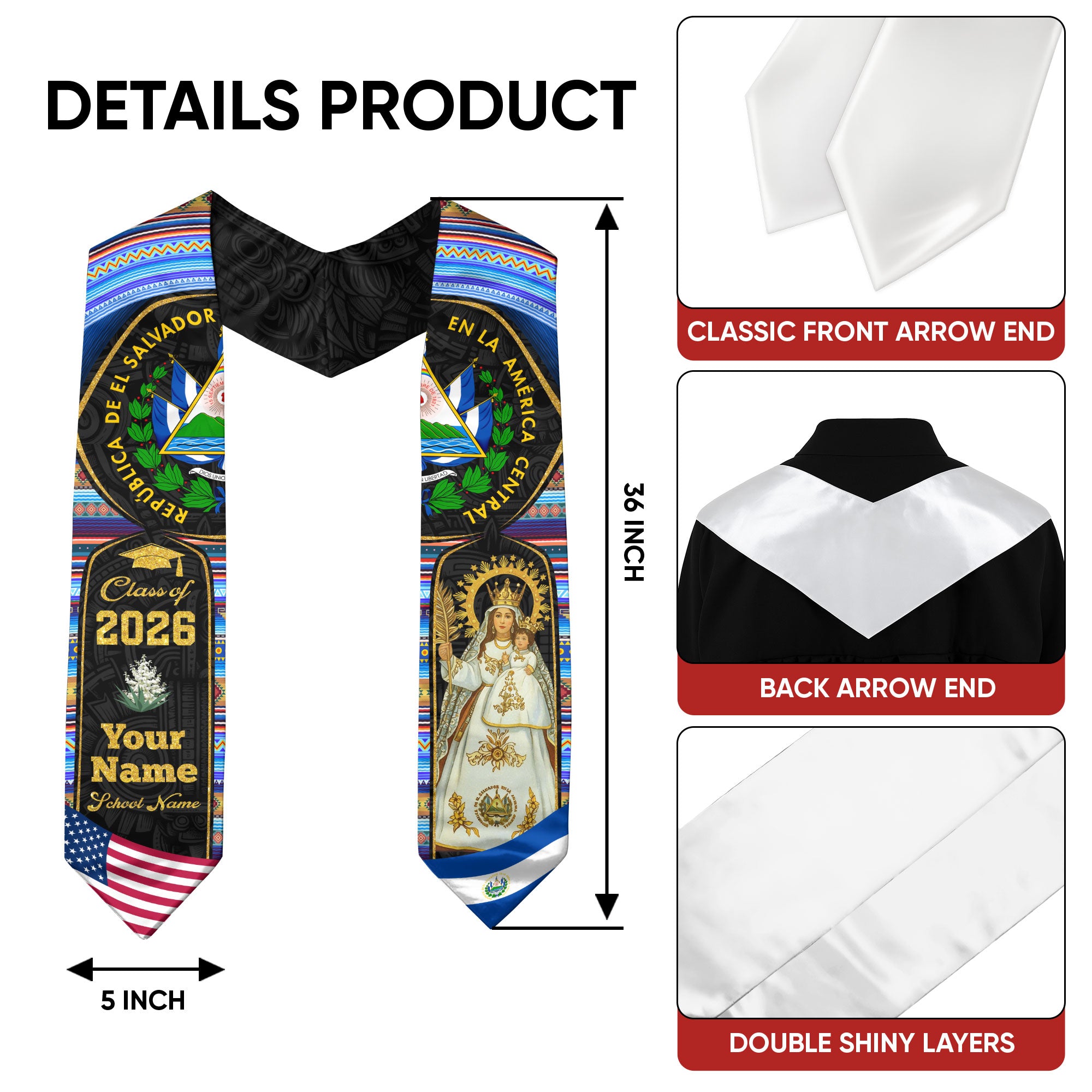 El Salvador Graduation Stole 2026, Salvadoran Flag Sash, Custom-Ready Style for 2026