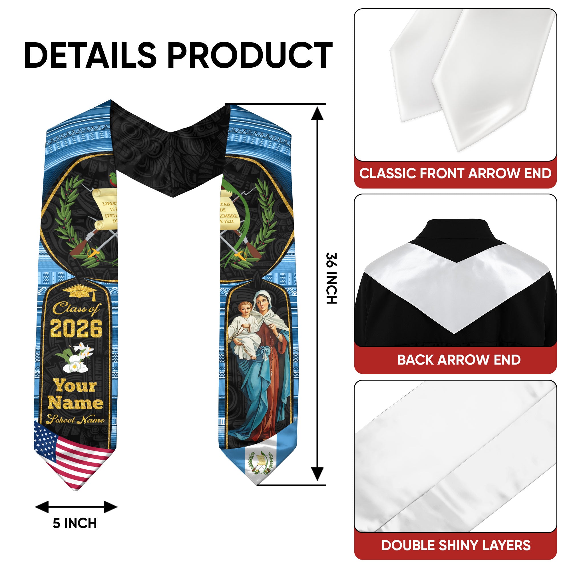 Guatemalan Graduation Stole 2026, Guatemala Flag Sash, Signature Finish for Class of 2026