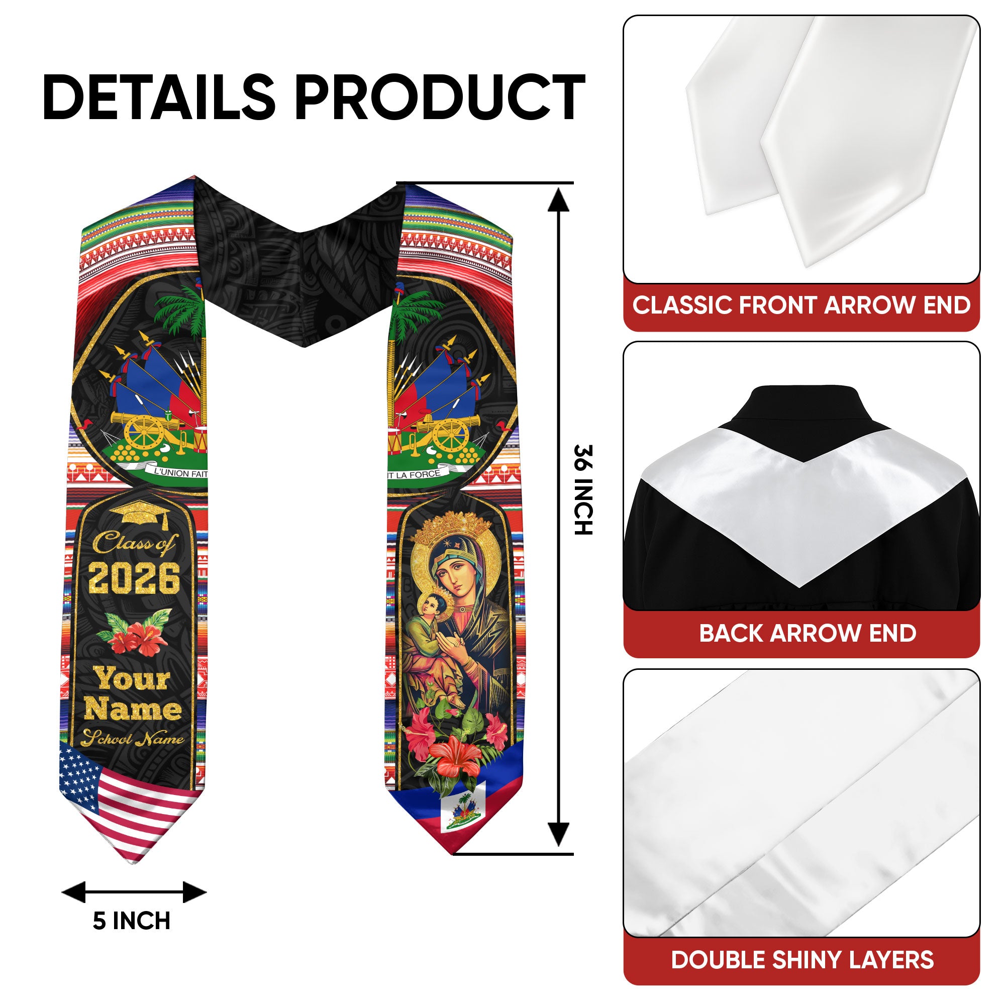Haitian Graduation Stole 2026, Haiti Flag Sash, Custom Detail Choice for Class of 2026