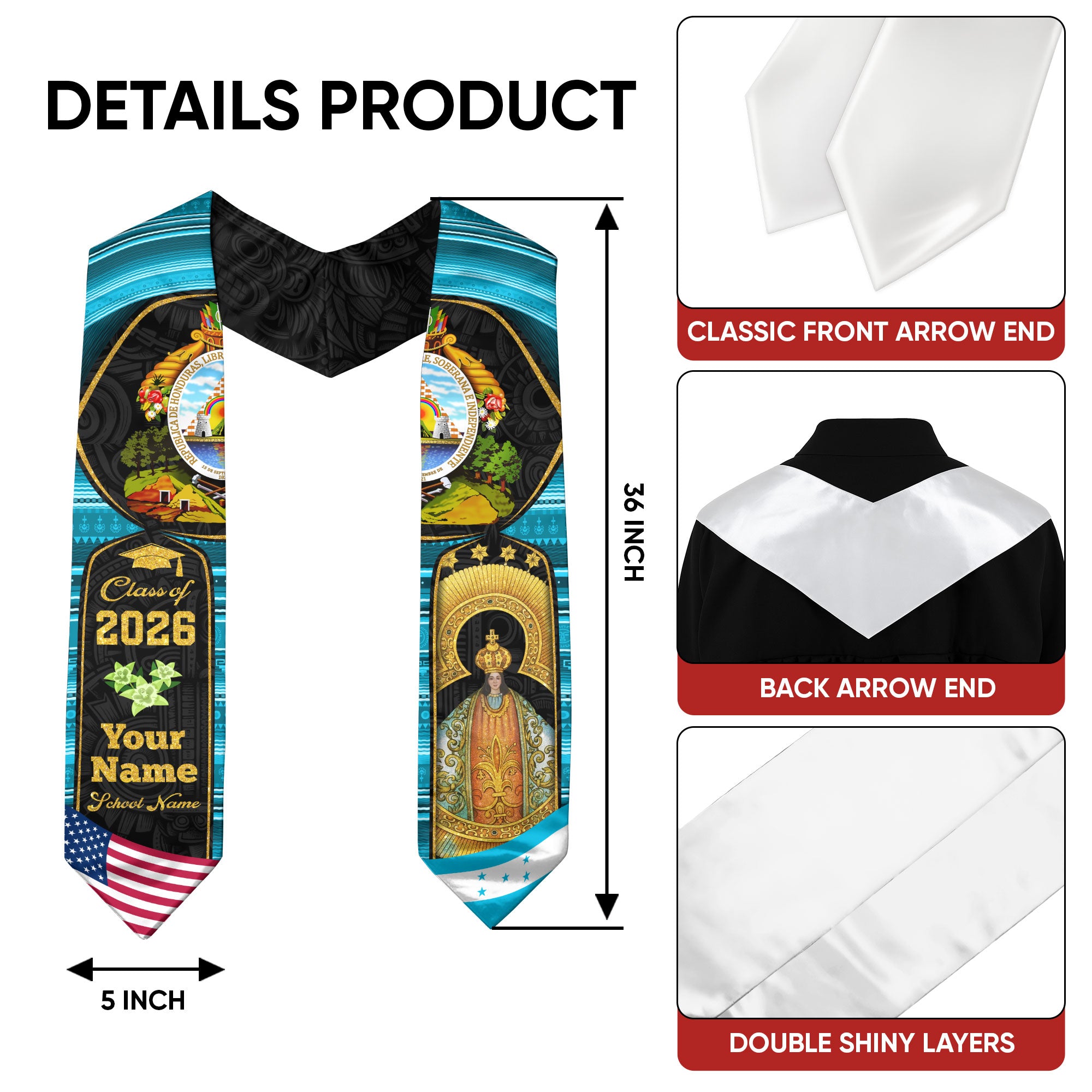 Honduras Graduation Stole 2026, Honduran Flag Sash, Custom-Ready Style for 2026