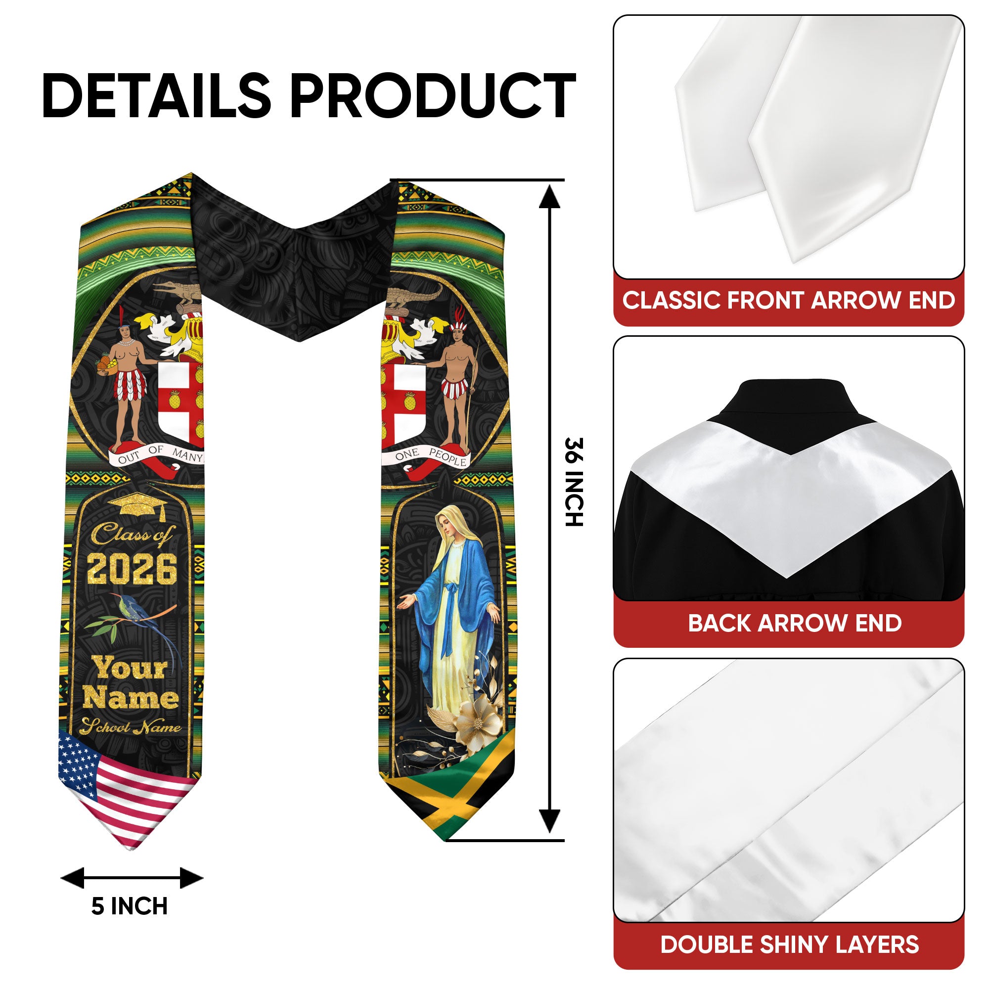 Jamaican Flag Graduation Stole 2026, Jamaica Sash Stole, Personalize for Grads 2026