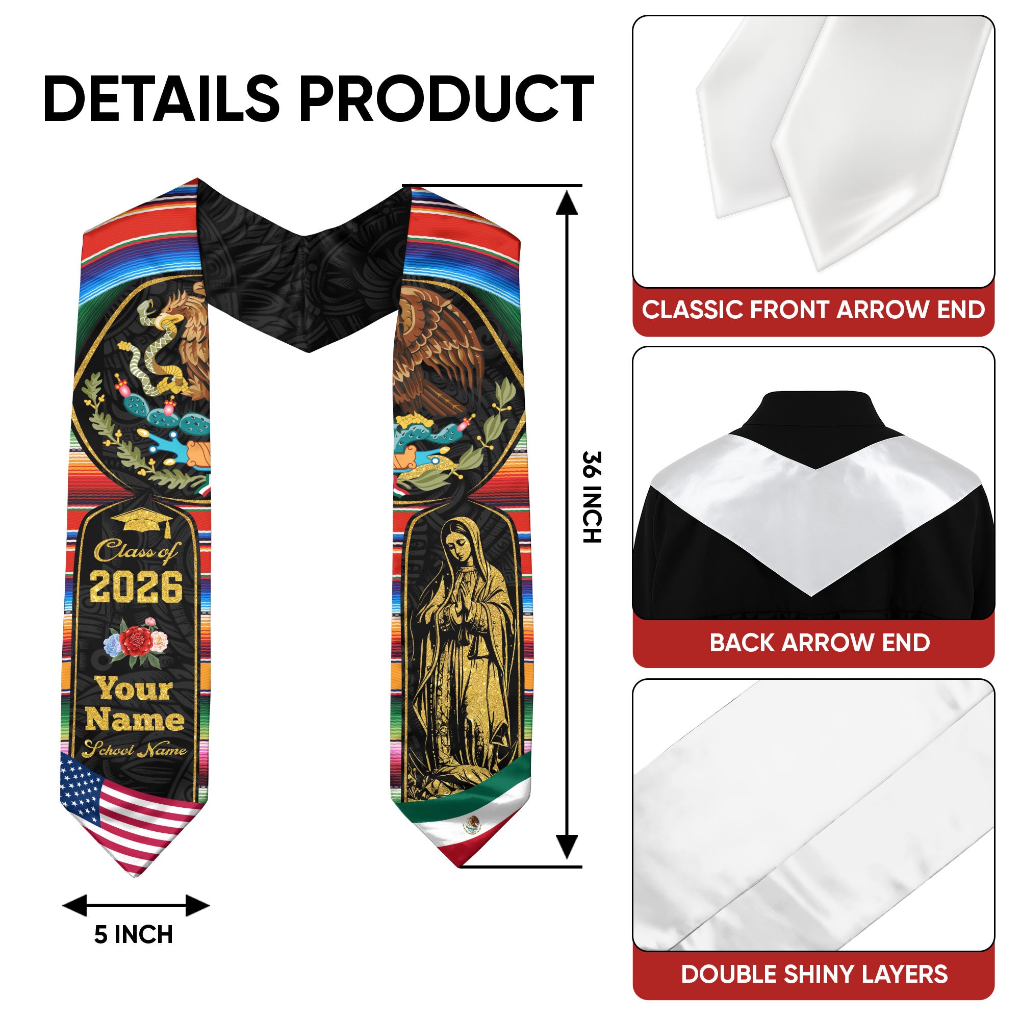 Mexican Graduation Stole 2026, Mexico Flag Sash, Custom Detail Choice for Class of 2026
