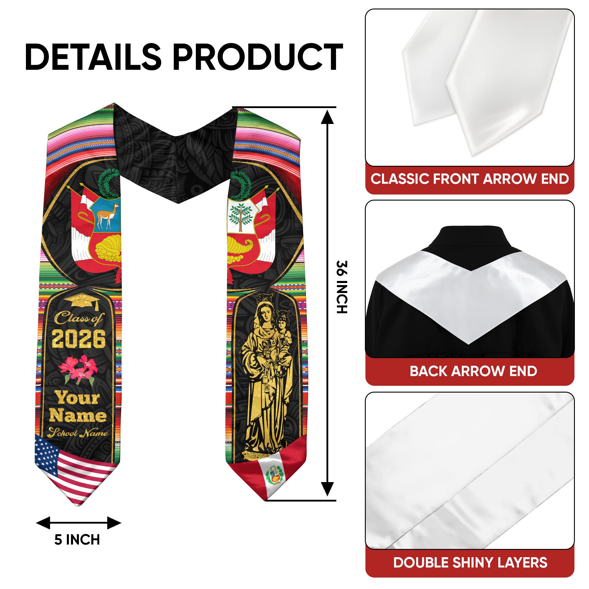 Peruvian Graduation Stole 2026, Peru Flag Sash, Personalized Touch for 2026 Graduates