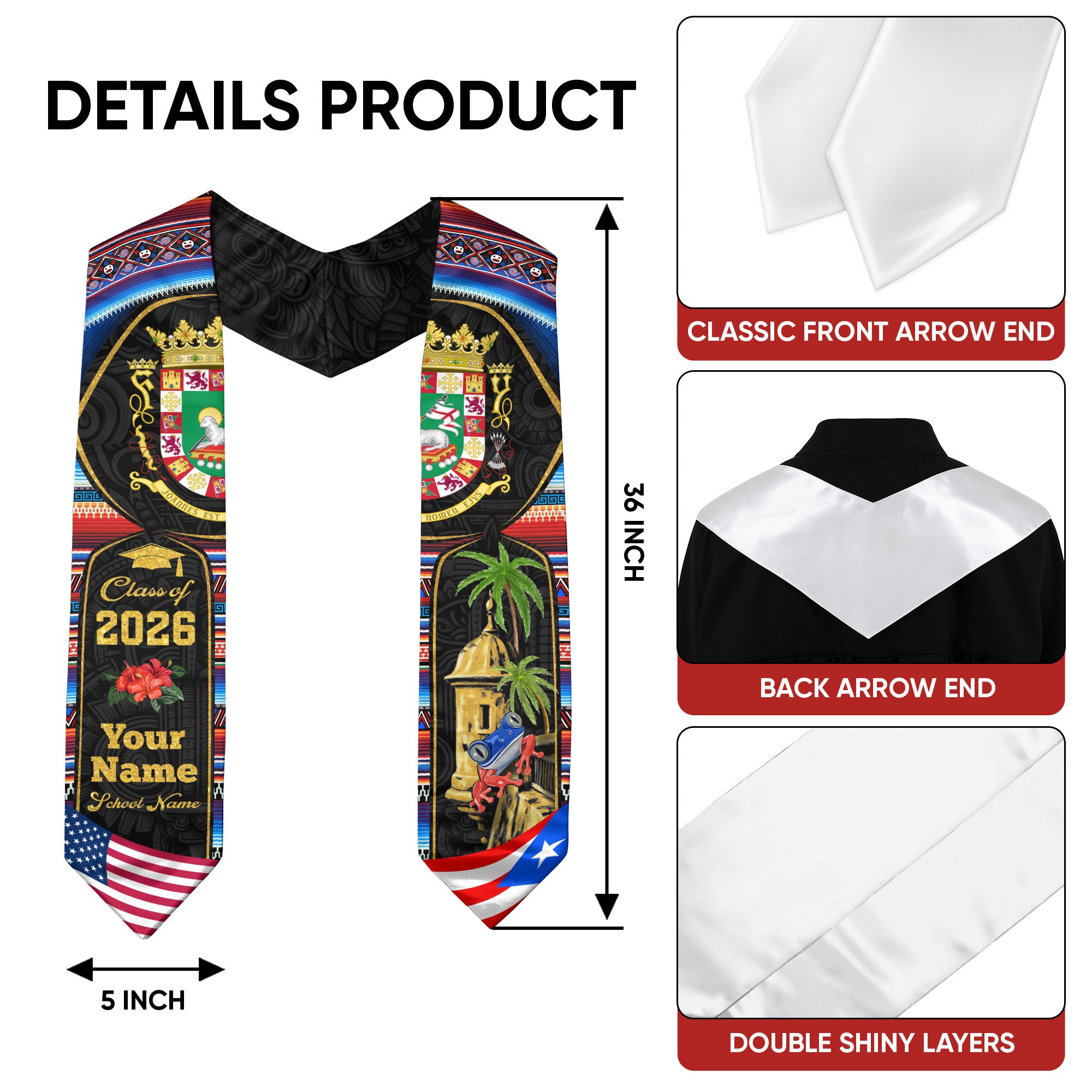Puerto Rico Graduation Stole 2026, Puerto Rican Flag Sash, Custom-Ready Style for 2026
