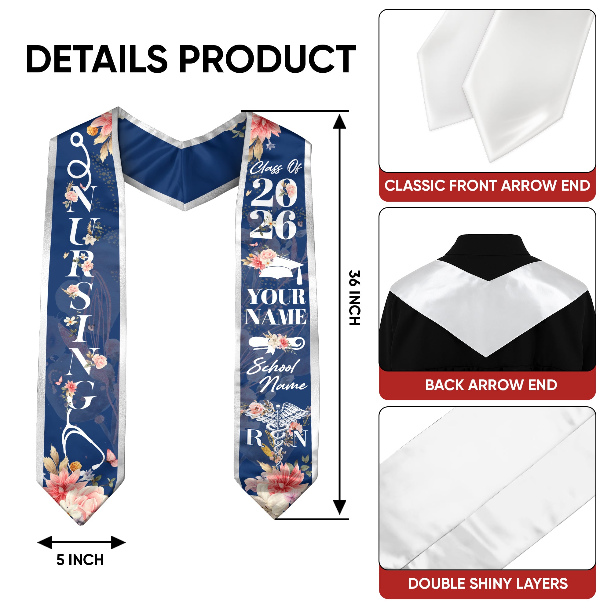 Custom RN Graduation Stole 2026, Nursing Stole Sash for Nurses, Class of 2026 Gift