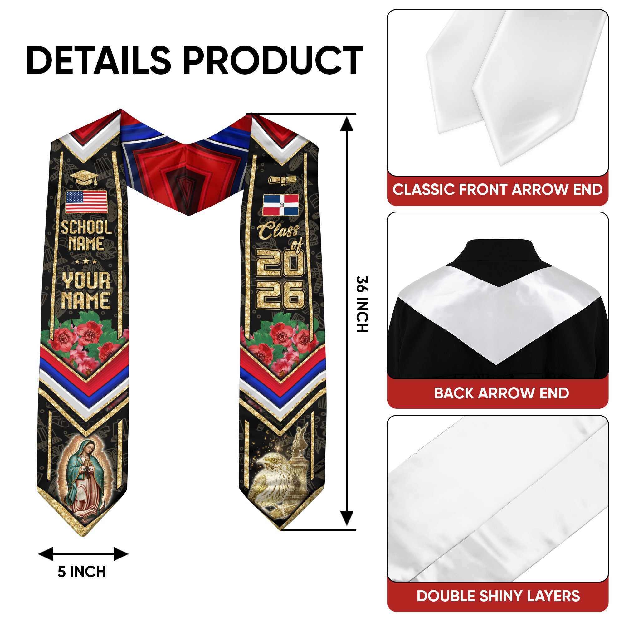 Dominican Graduation Stole 2026, Dominican Flag Sash, Tailored Detail for Class of 2026
