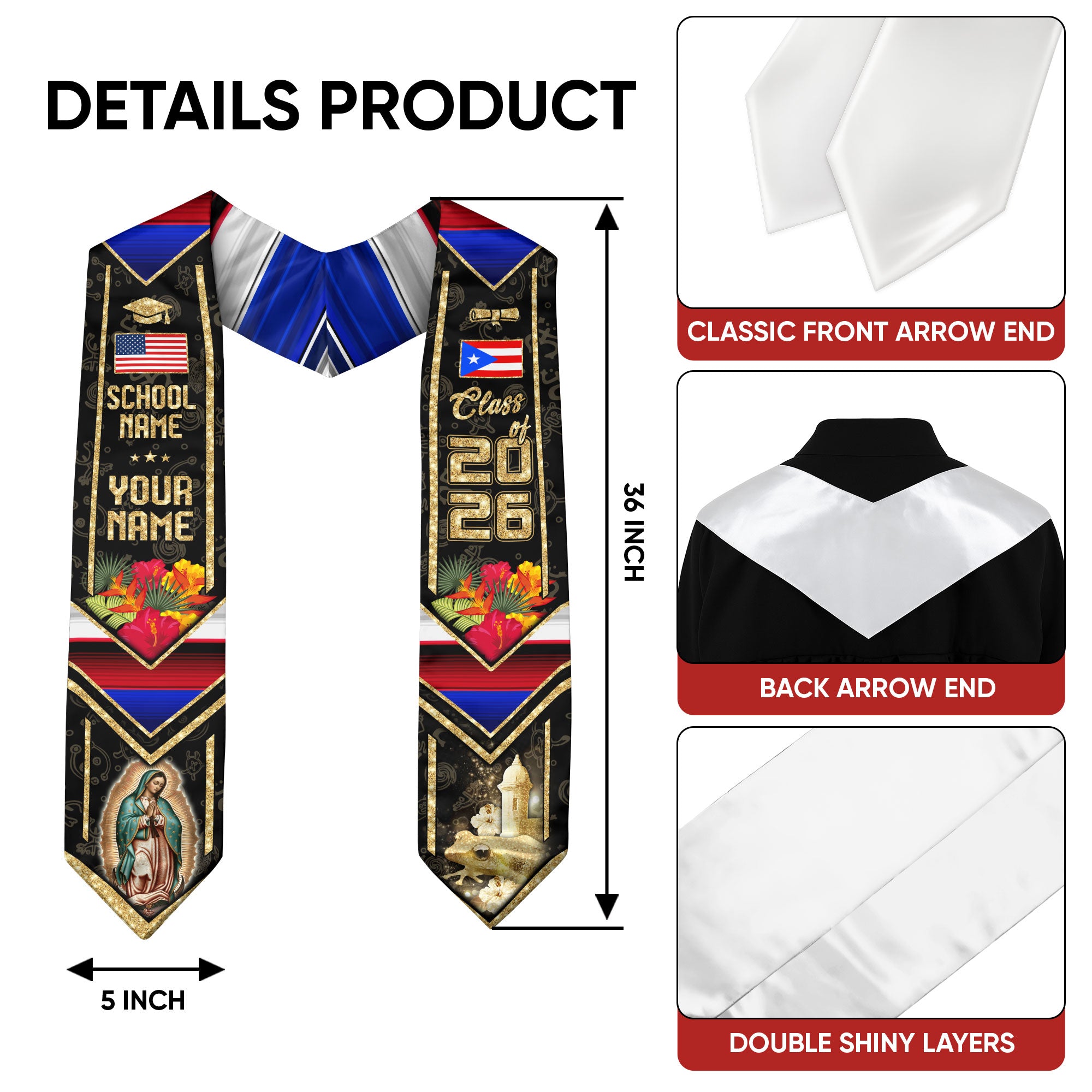 Puerto Rico Graduation Stole 2026, Puerto Rican Flag Sash, Tailored Detail for Grads