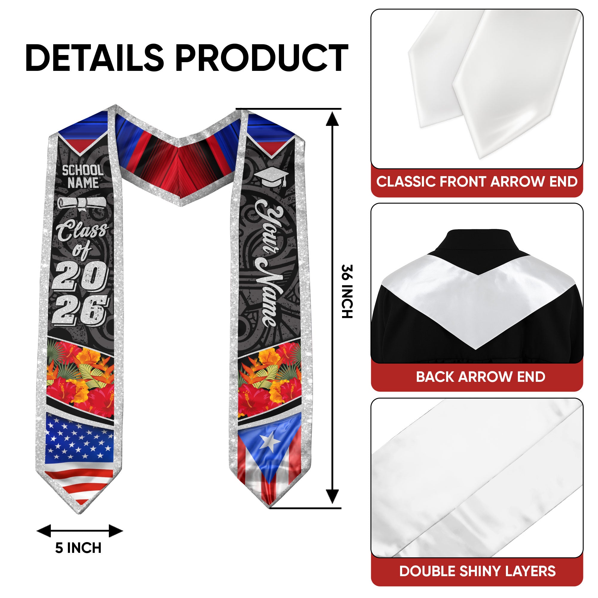 Puerto Rican Flag Graduation Sash 2026, Puerto Rico Stole, Bespoke Touch Accessory